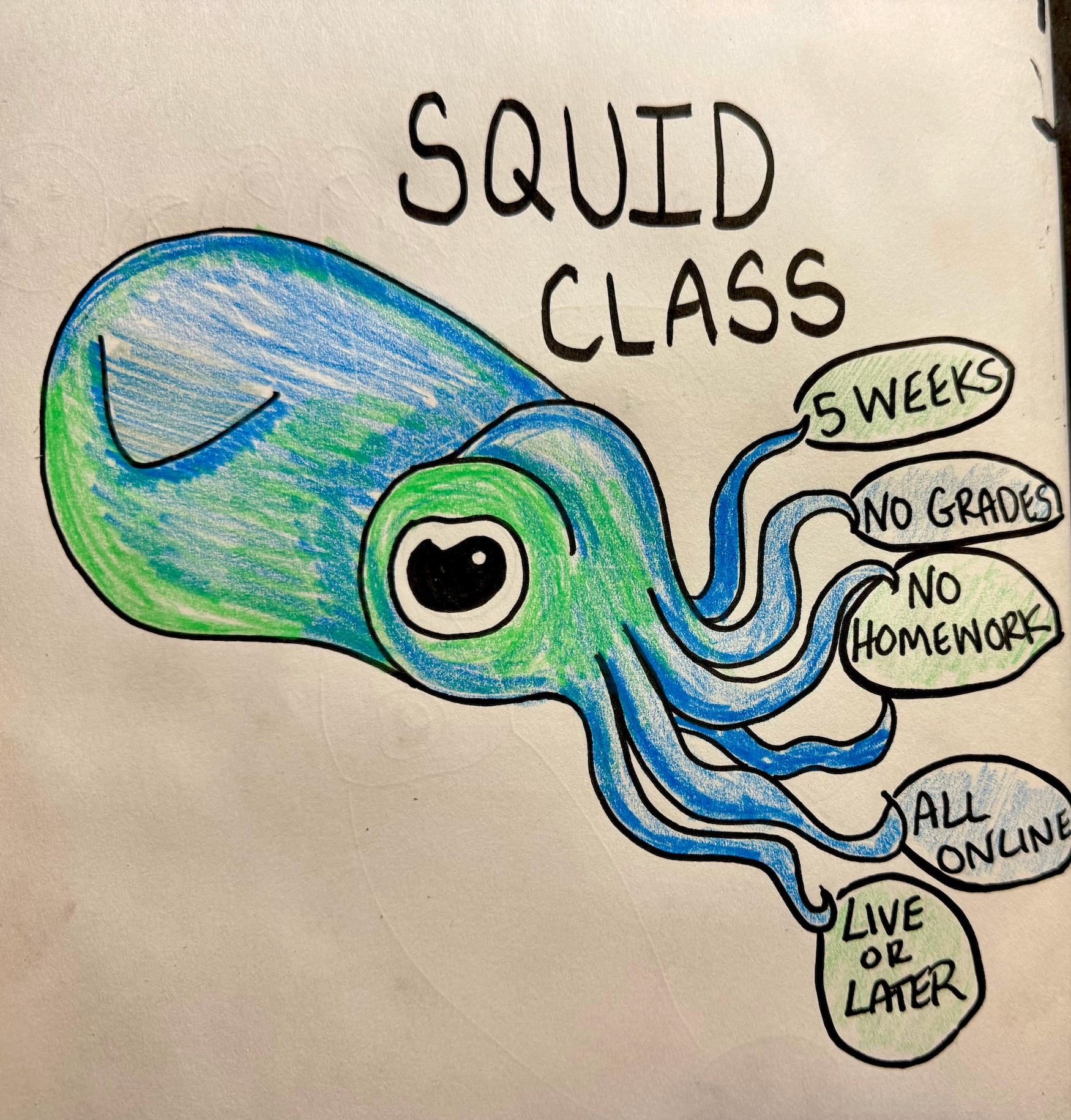 a quick doodle of a blue and green squid, labeled SQUID CLASS and the squid is holding a bunch of signs that say "5 weeks" "no grades" "no homework" "all online" "live or later"