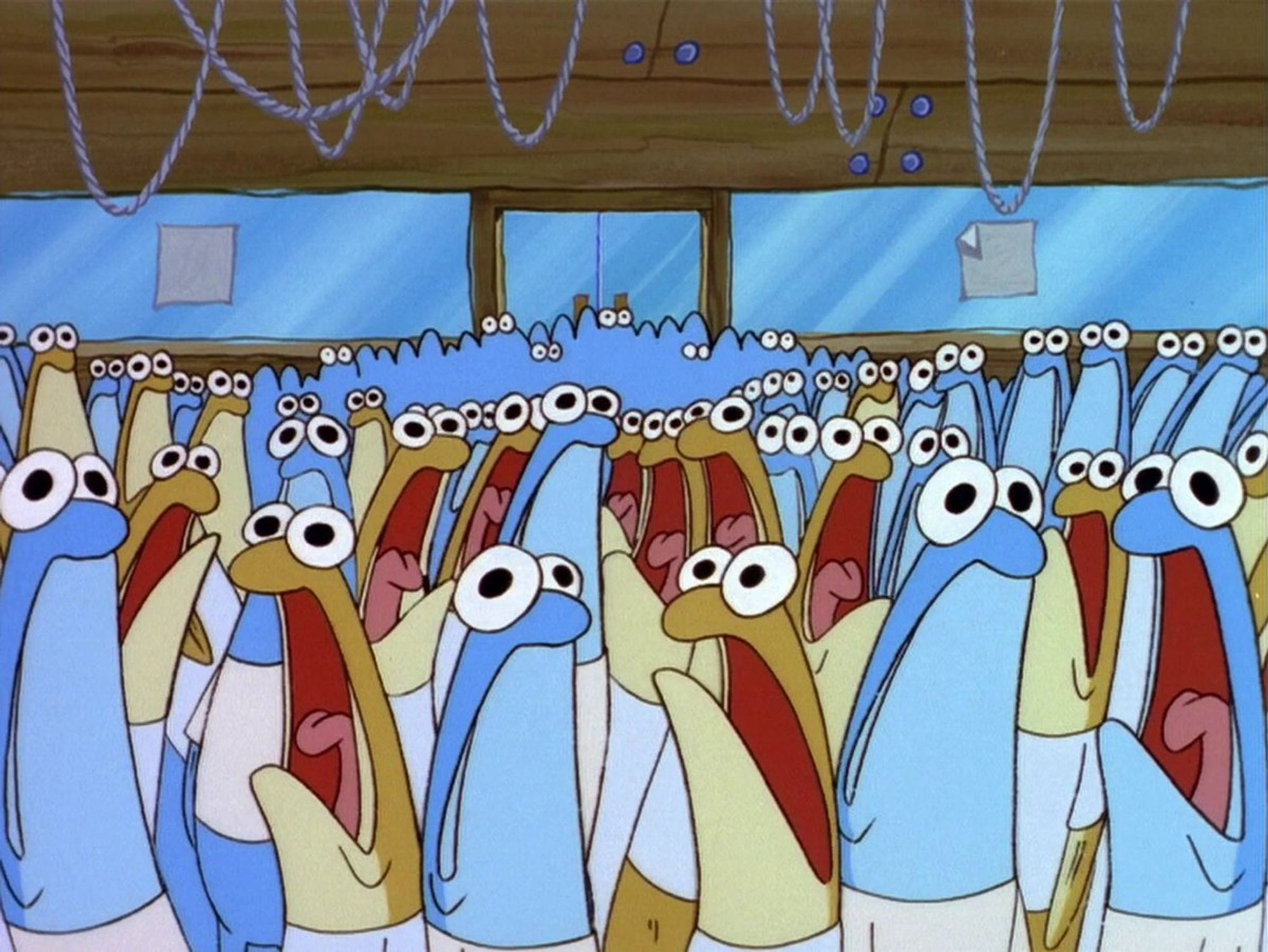 A bunch of skinny little fish from Spongebob, within the krusty crab, yapping