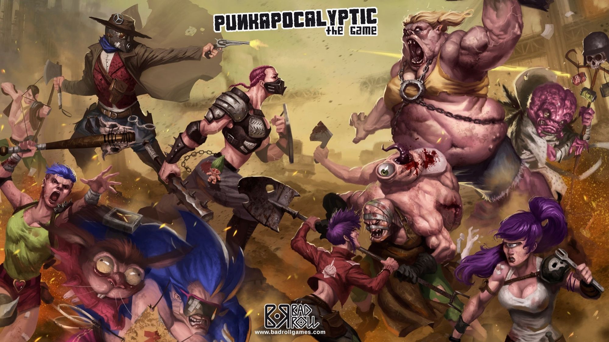 Ilustración de la caja de inicio de Punkapocalyptic donde se ven enfrentados Mutardos y Pandilleros.