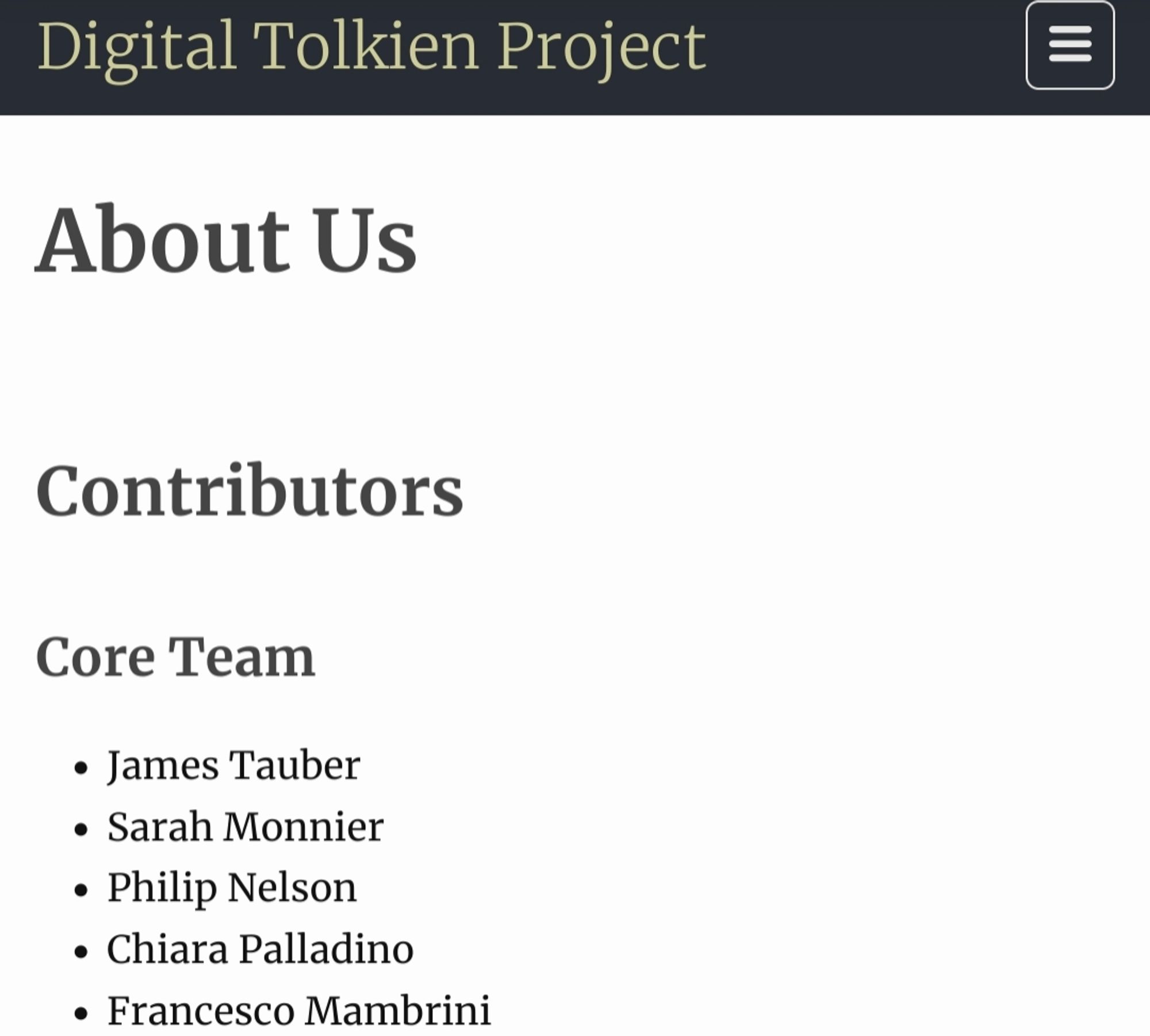 The list of core team contributors to the Digital Tolkien Project