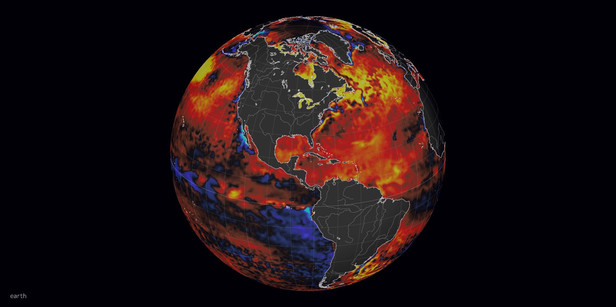 Screenshot of earth.nullschool.net showing SSTA (sea surface temp anomaly) over the Western Hemisphere.