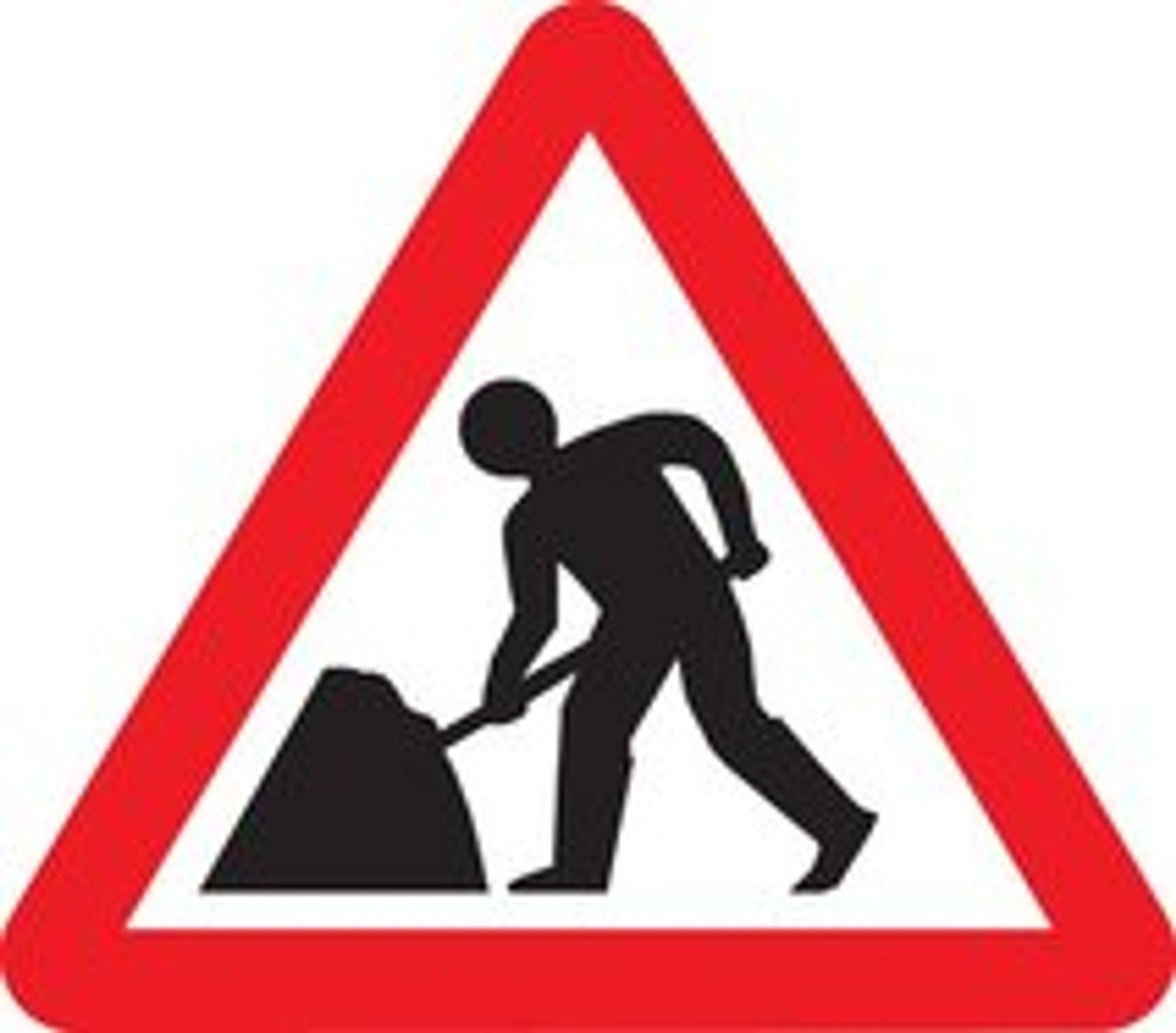 Warning sign from the UK for road work ahead which is supposed to be someone shoveling something but, in fact, just looks like they're struggling with a large partially opened umbrella