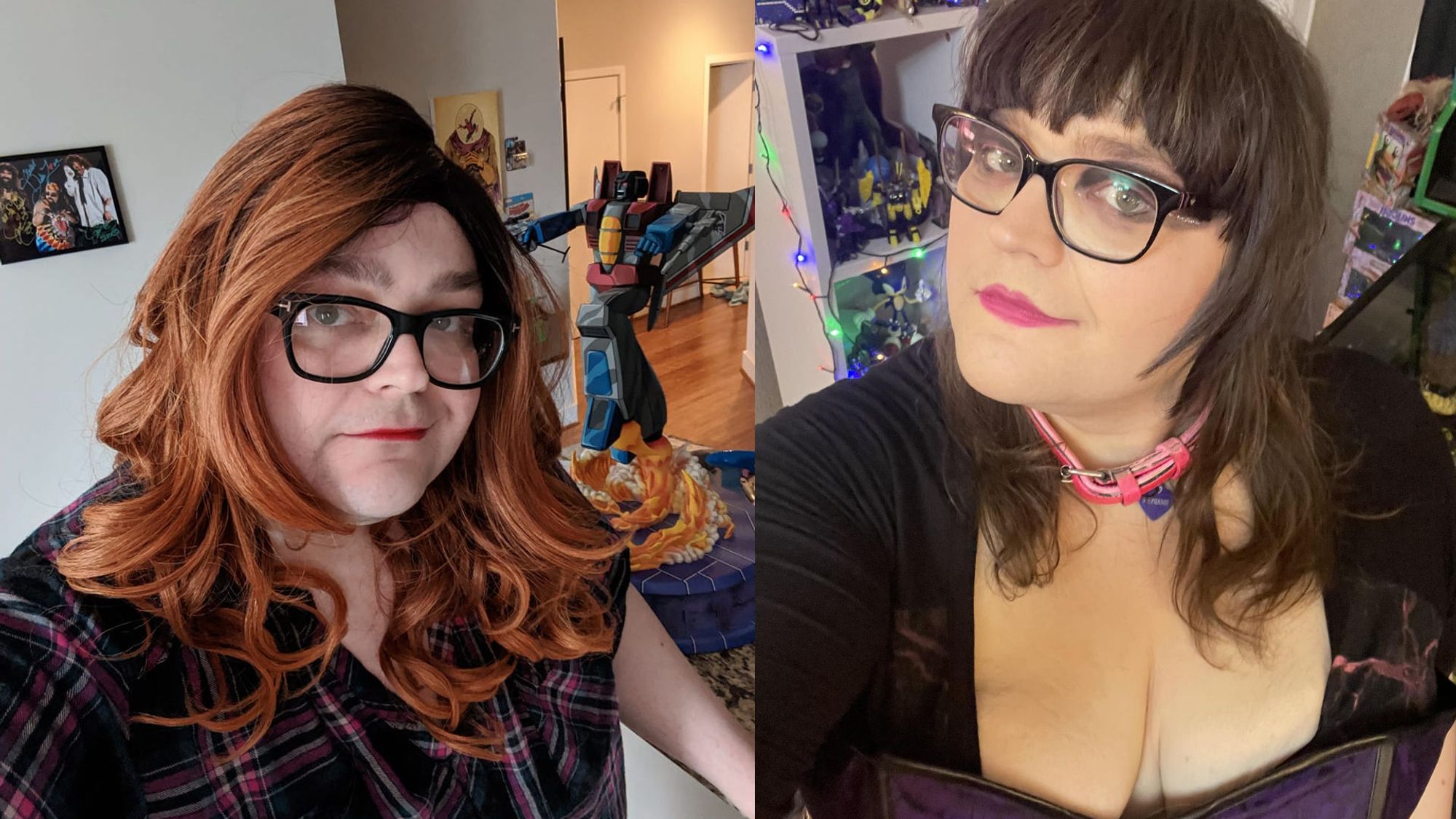 Before/after selfie comparison. Steph three years ago in early transition with red wig, red lipstick on left. Steph now with natural brown hair and pink lipstick, looking waaaay cuter.