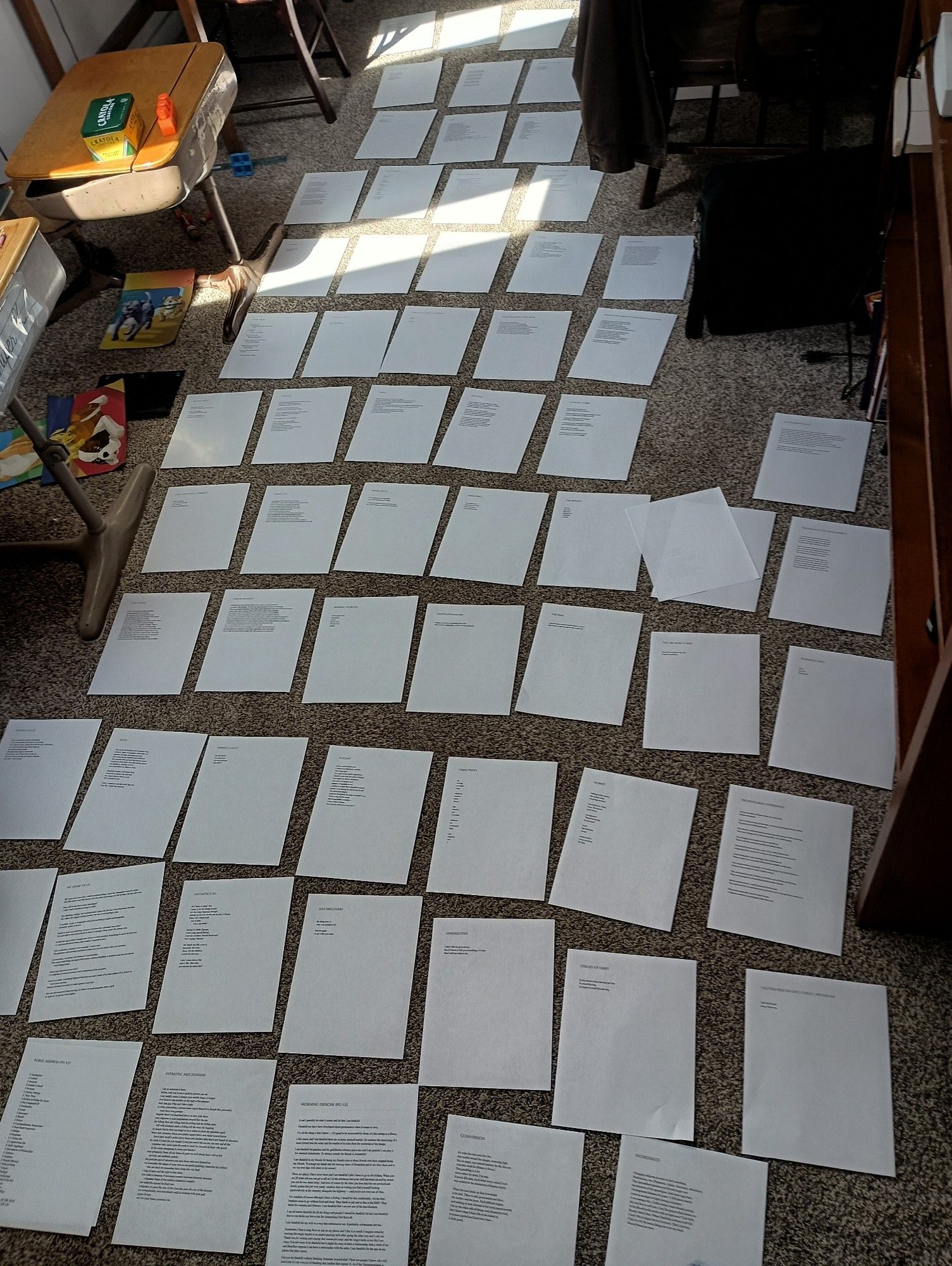 Some 70 pages of the author's poetry printed on paper and spread across the carpet — hopeless and inanimate.