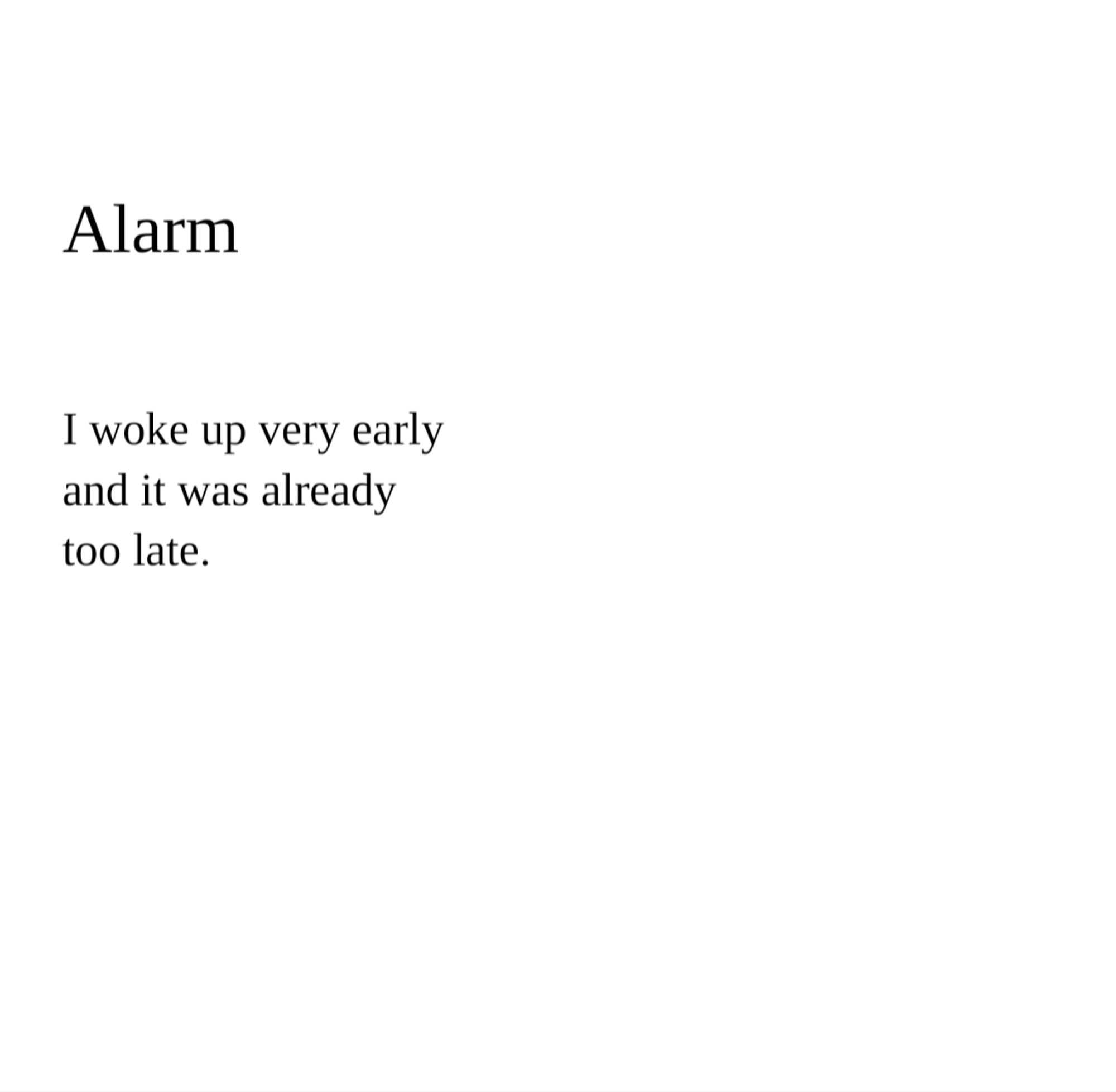 Alarm


I woke up very early
and it was already
too late.