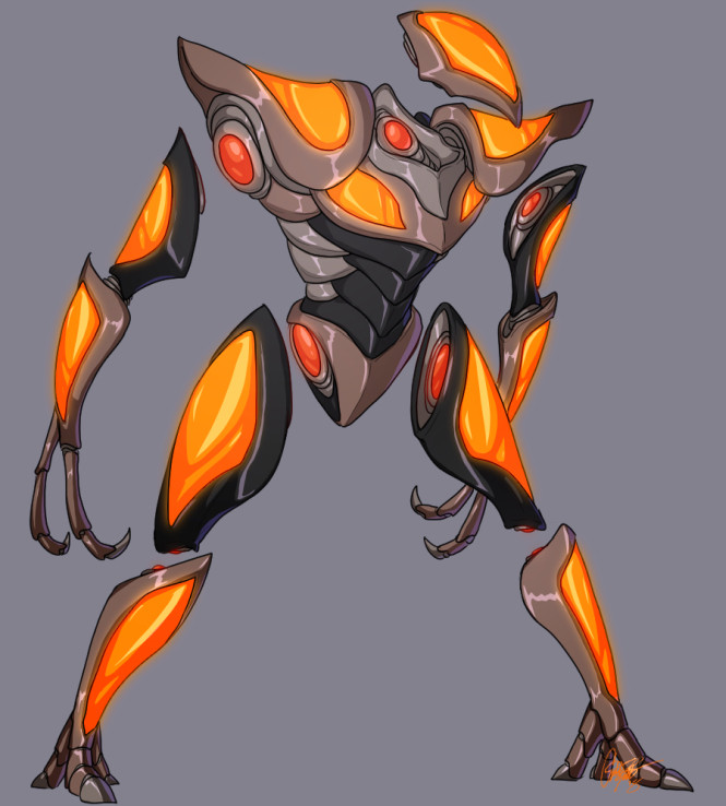 A strange robot with much too much glowing orange garbage on it. All of its limbs, as well as its head, as suspended in floating, antigravity segments.