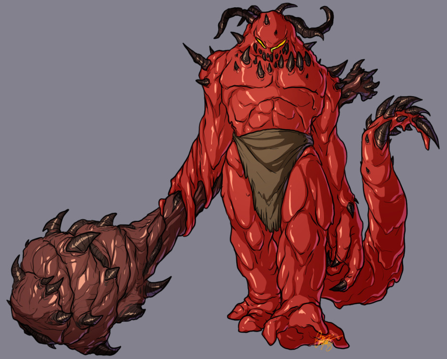 A hulking, ogre-like creature made of thick red tar. It is dotted with horns and horn-like teeth, implied to be a hardened, scab-like substance, and it wields a massive club of the same material.