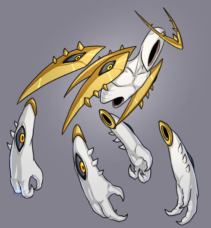 A floating, disturbing creature with a hole for a face, metal blades, and large clawed forearms dotted with gold-iris, black-sclera eyes. Its white and gold colorscheme give off an 'angelic' energy, despite its threatening appearance.