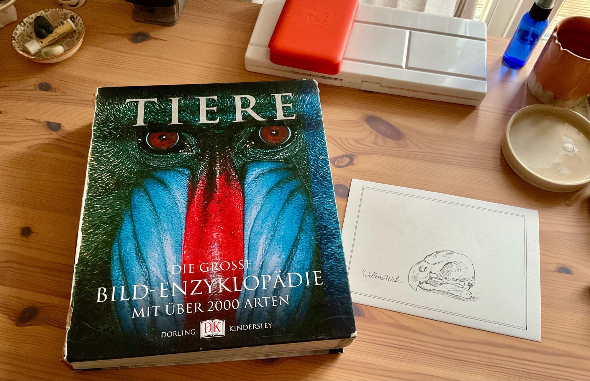 Ein dickes, grosses Buch liegend auf einer Tischplatte, Aufschrift „Die große Bild-Enzyklopädie Tiere“, nebenliegend Karte mit einer Zeichnung eines Wellensittich-Schädels