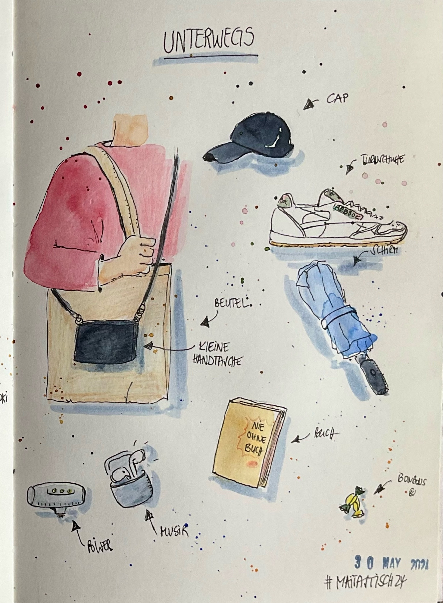 Im Uhrzeigersinn als Sketch auf weißem Papier zu sehen von oben mittig aus: schwarzes Cap, blauer geschlossener Schirm, zwei Hustenbonbons, ein Buch, EarPods mit Case, Powerbank, Stoffbeutel und kleine Handtasche über einer Schulter hängend