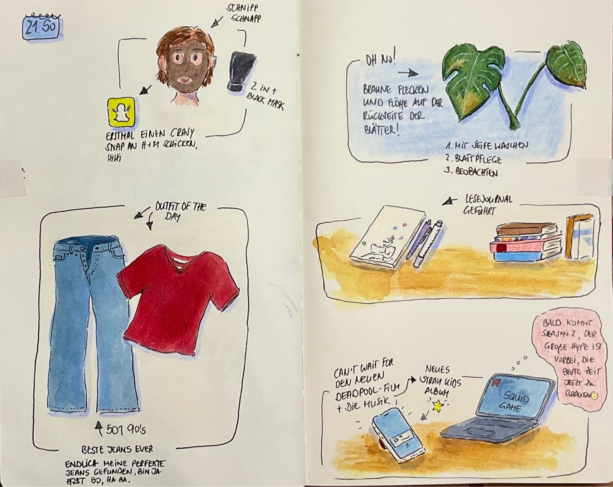 Doppelseite im Skizzenbuch mit kleinen Sketches, von oben rechts im Uhrzeigersinn: zwei Blätter einer Monsterapflanze, ein Notizbuch, zwei Stifte, ein Stapel Bücher, ein offener Laptop, ein Handy liegend, eine Jeanshose, ein T-Shirt mit V- Ausschnitt, eine Frauenkopf mit dunkler Kosmetikmaske, eine Tube