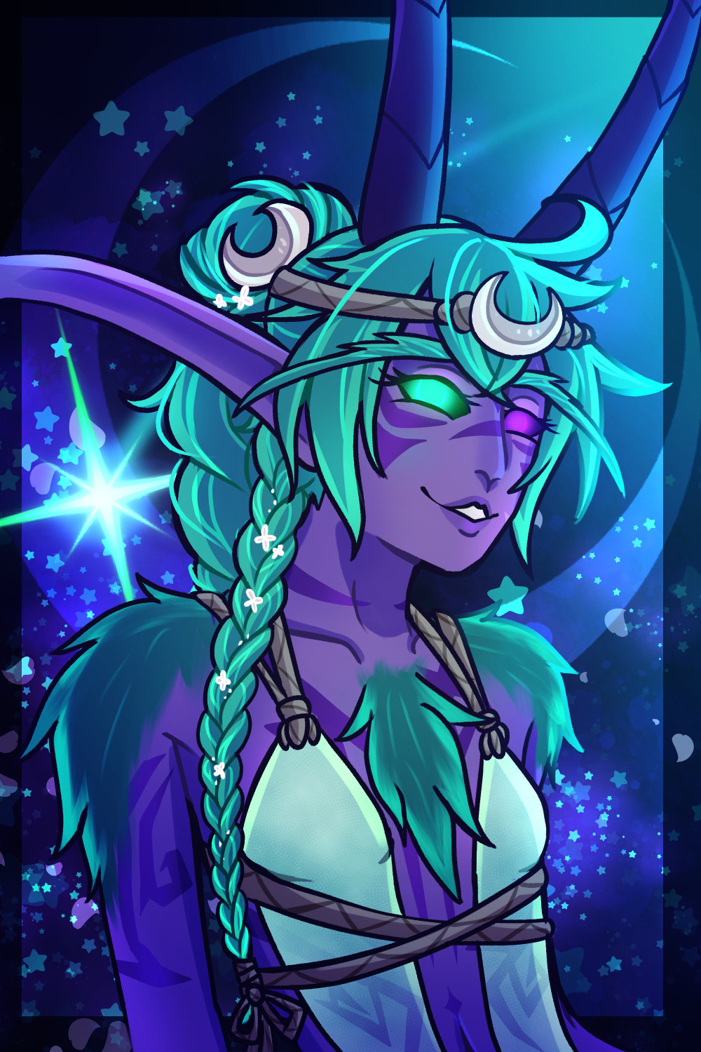 Female satyr with purple skin and teal hair wearing loose fitting faded green clothes.  She wears a headband with a crescent moon carved from bone, another of which she wears in a bun that becomes a braid behind her.