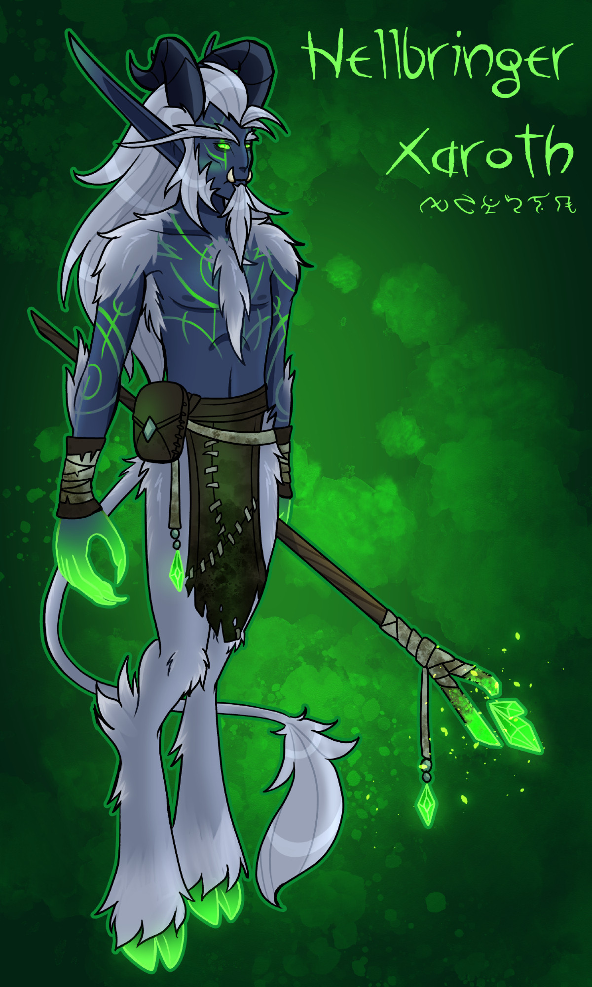 Nightborne satyr with blue skin and silver fur.  Arcane tattoos, hands and hooves are lit up with a green glow.  Carry's a staff with fel-green crystals