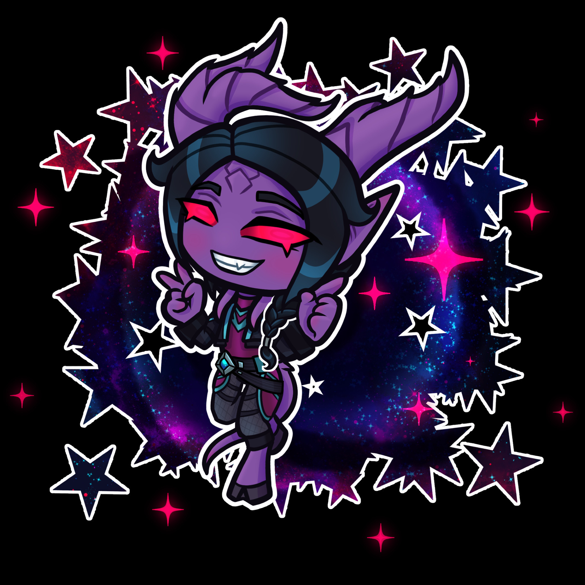 Purple eredar with red eyes and black hair.  Surrounded by stars with a background of space.