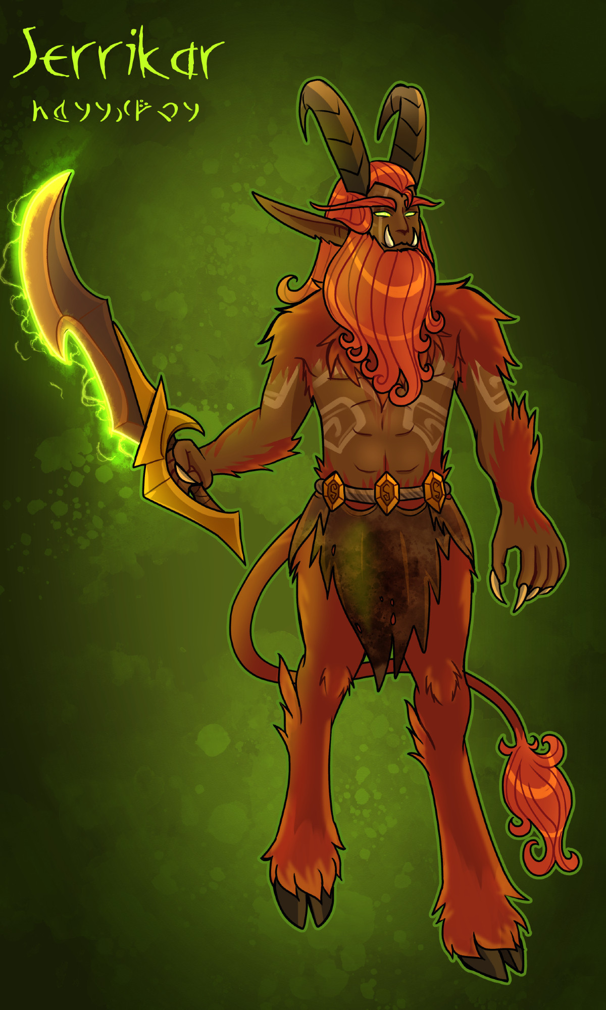 Satyr with orange fur and green eyes carrying a sword lit up with fel lightning