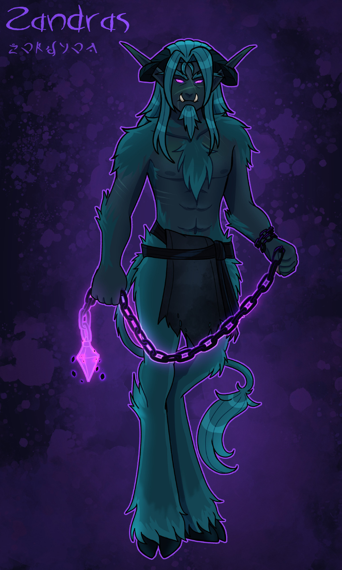 Satye with dark teal fur, dark grey skin, and purple eyes.  Carries a chain whip lit up with purple light.