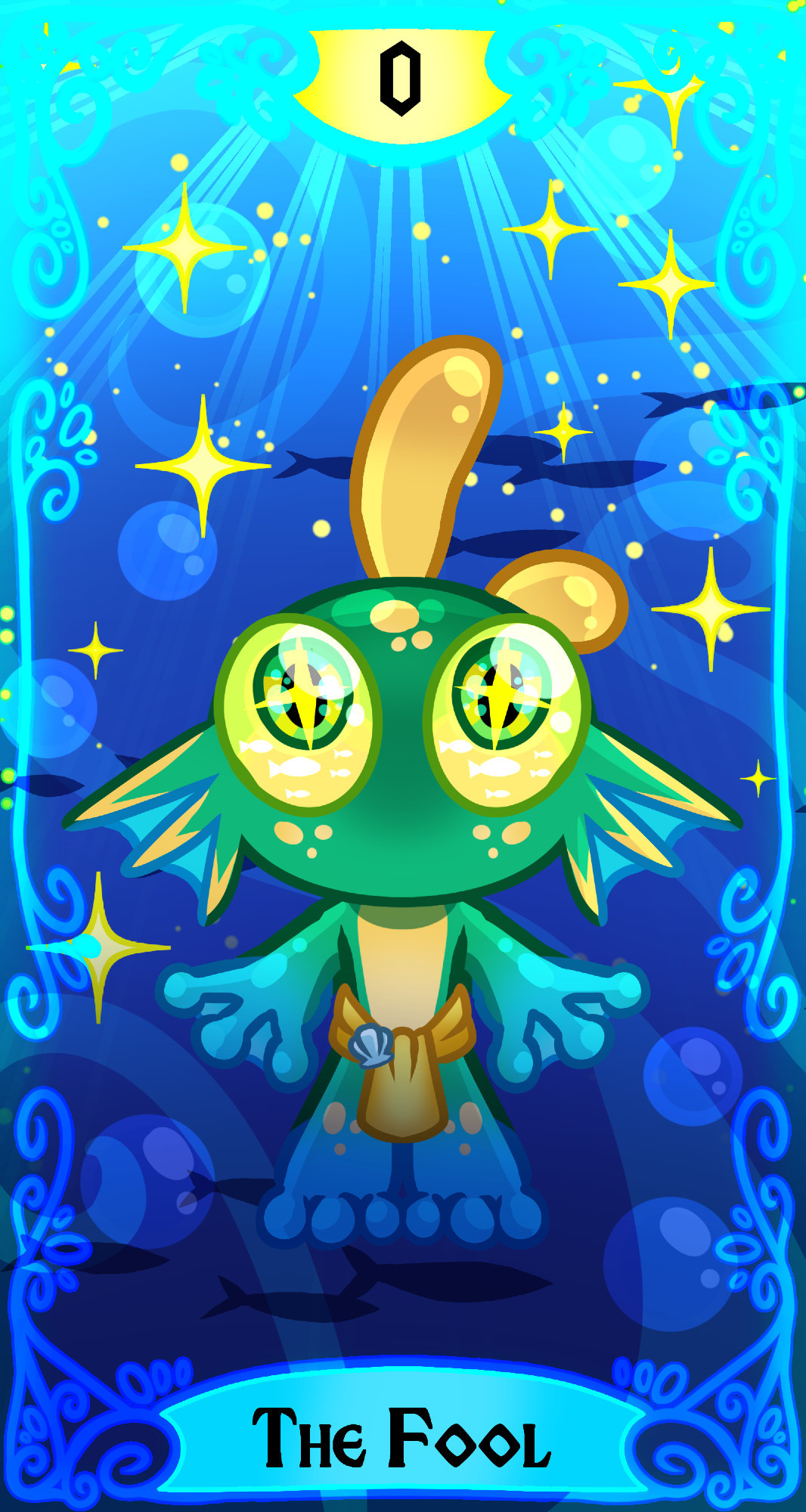 A murloc child swims toward the surface.  Light falls from the sky and fish swim around him.