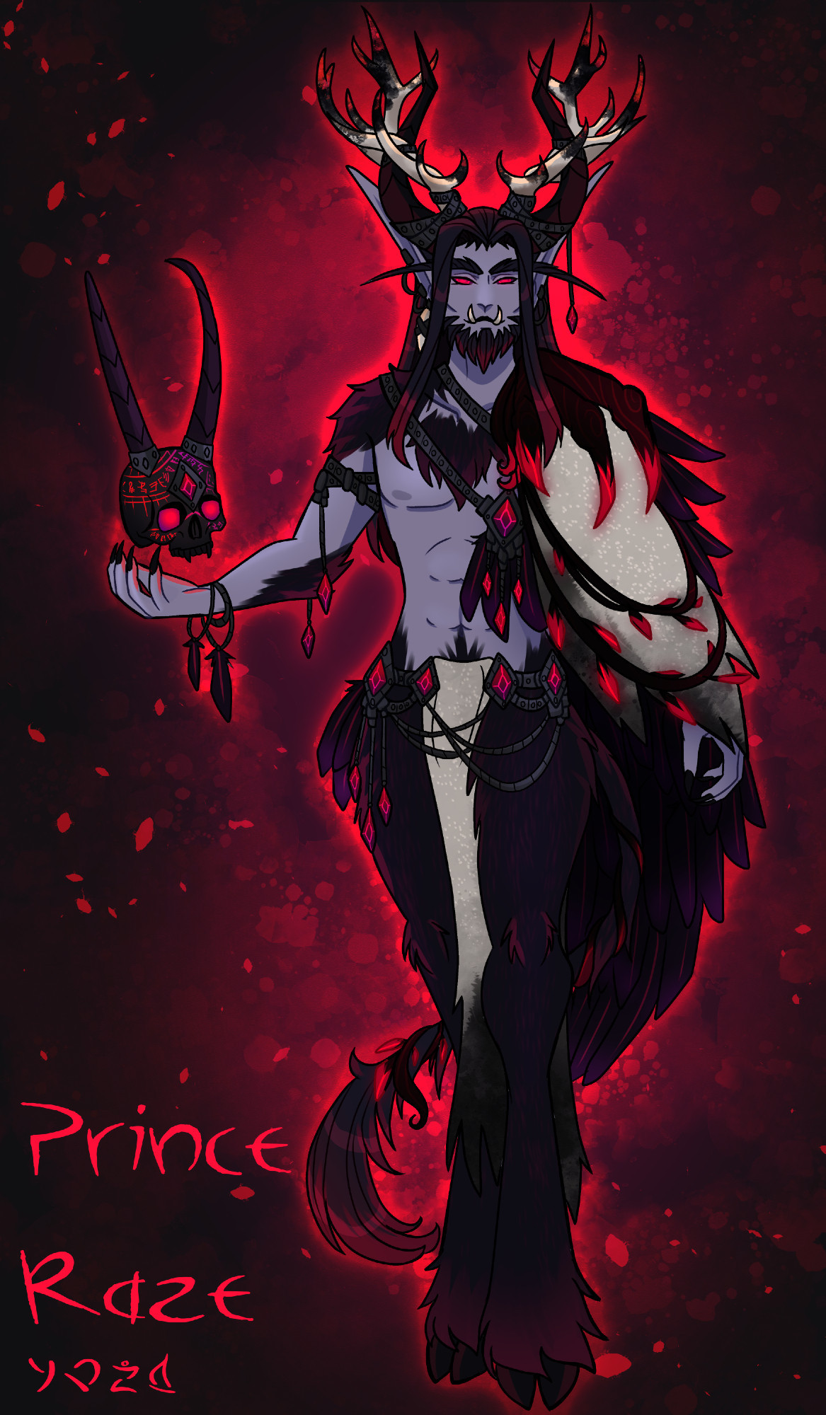 Satyr with dark fur tinted in red.  Antlers wreath around his horns like a crown, and he is decorated with feathers, white deer skins, tainted dryad vines, glowing red crystals, and a Keeper of the Grove's hand as a cauldron.  In his hand floats a charred skull of another satyr.