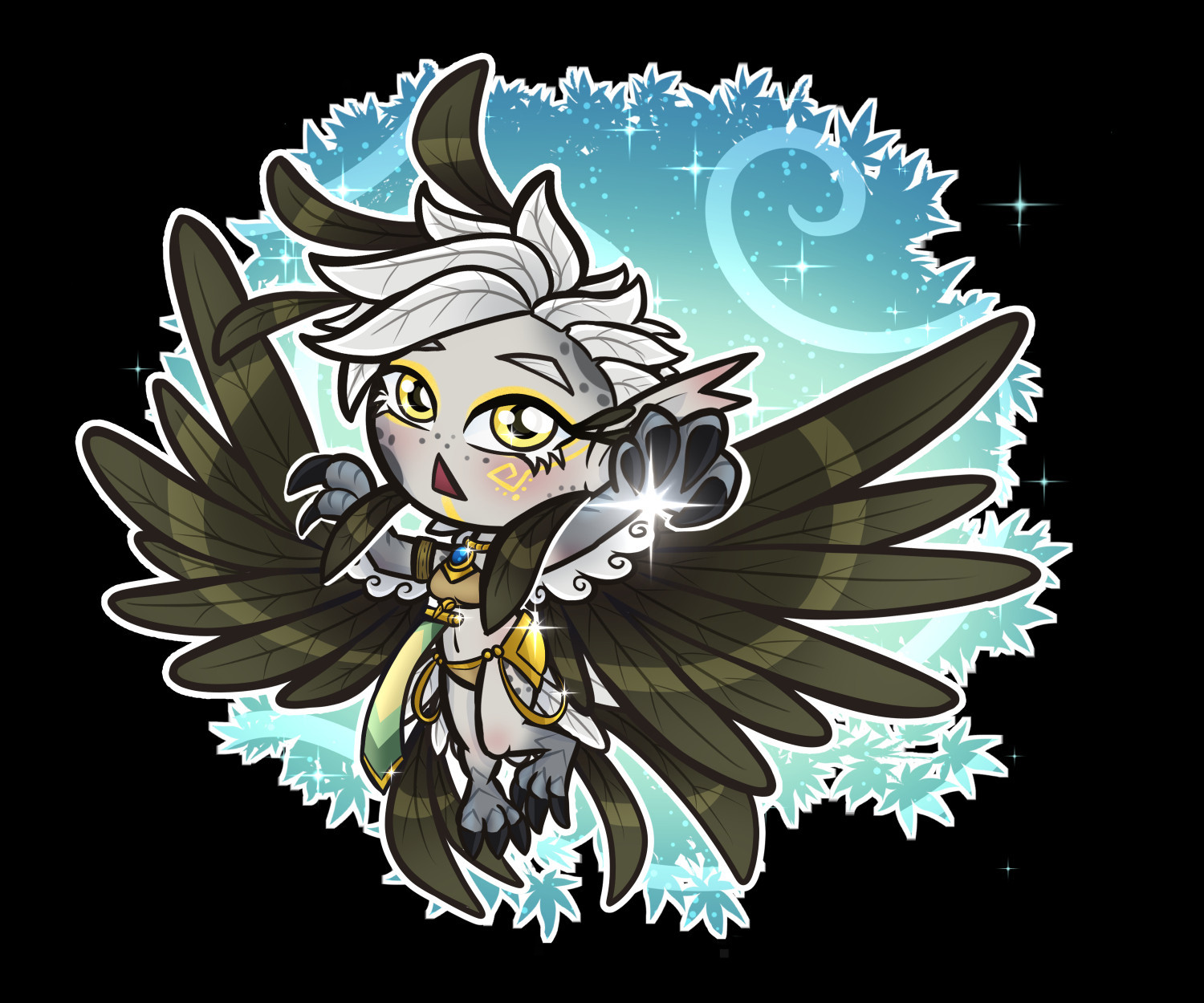 Harpy dressed in gold with brown and grey feathers.  On a background with the Emerald Dream's sky