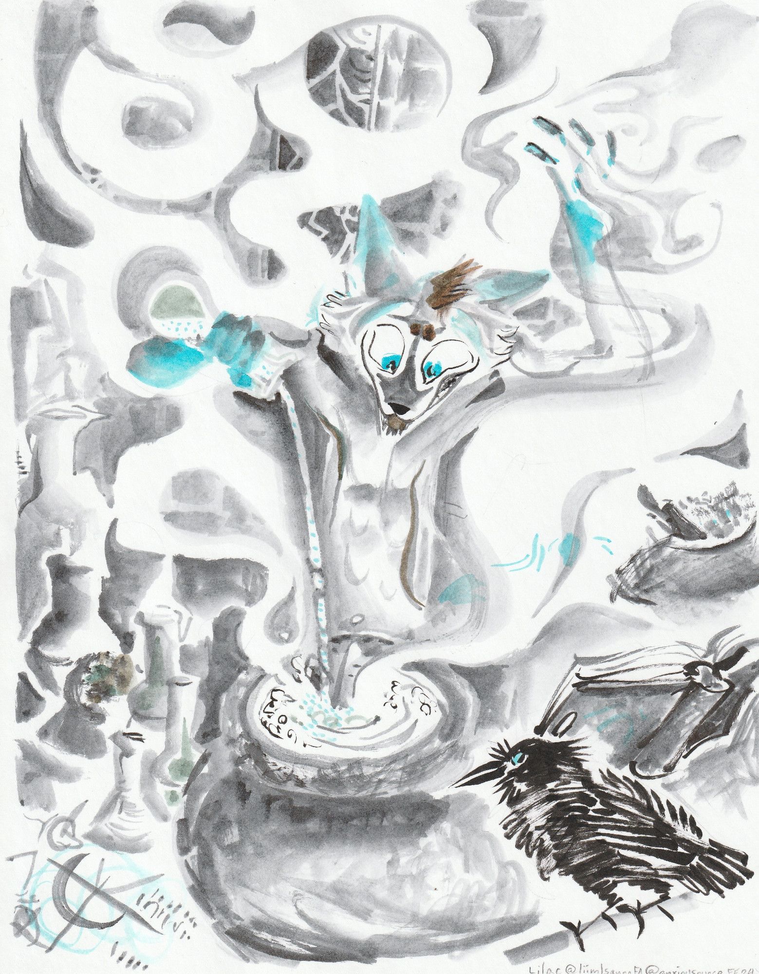 The wolf alchemist Ezer brews a potion in a large pot, a lot of smoke billowing from his creation. his diamond blue parts the colour highlights in the picture. Art by Lilac Ounce