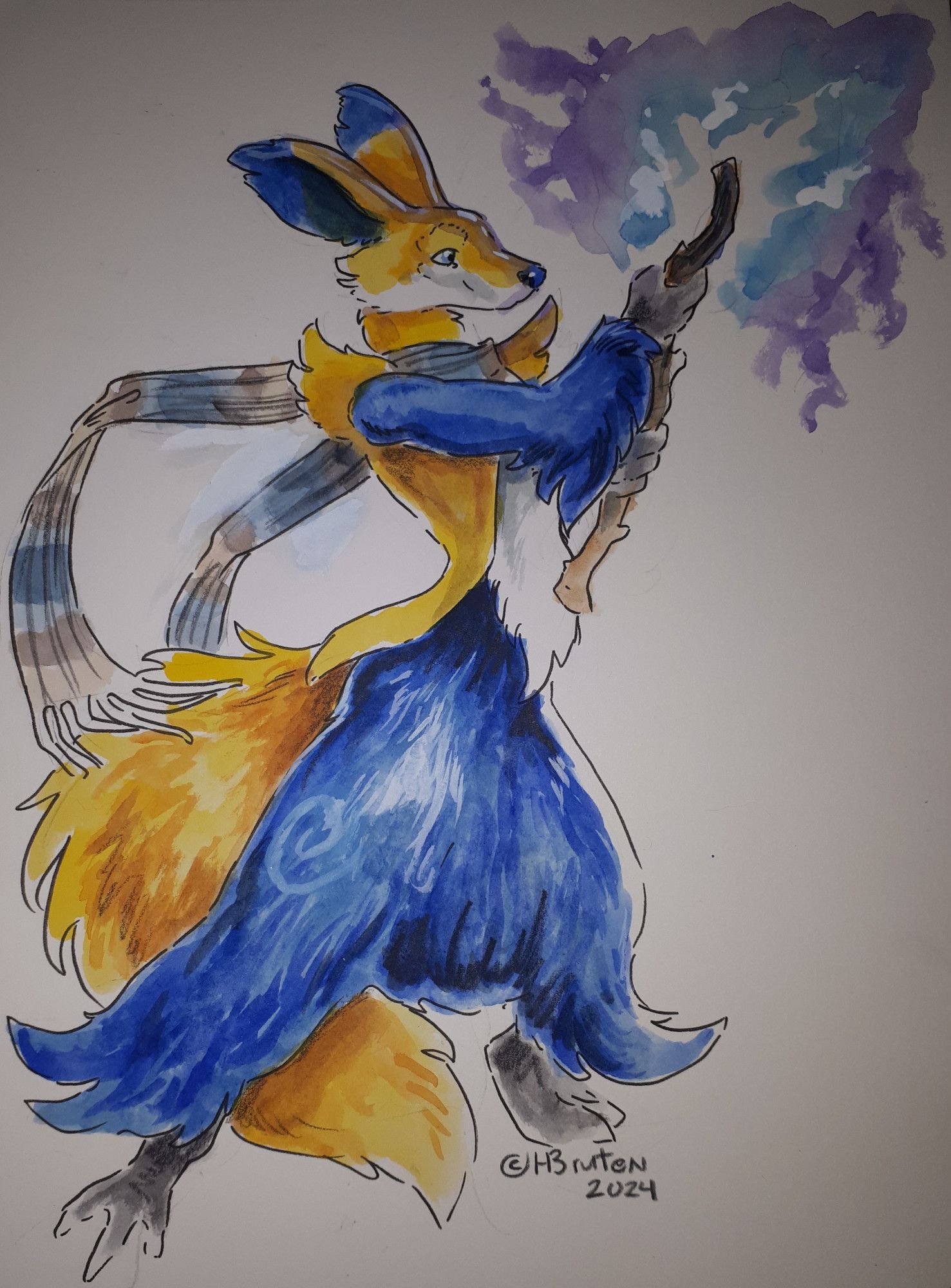 A watercolour picture of my delphox showing off his blue fire. Art by hbruton