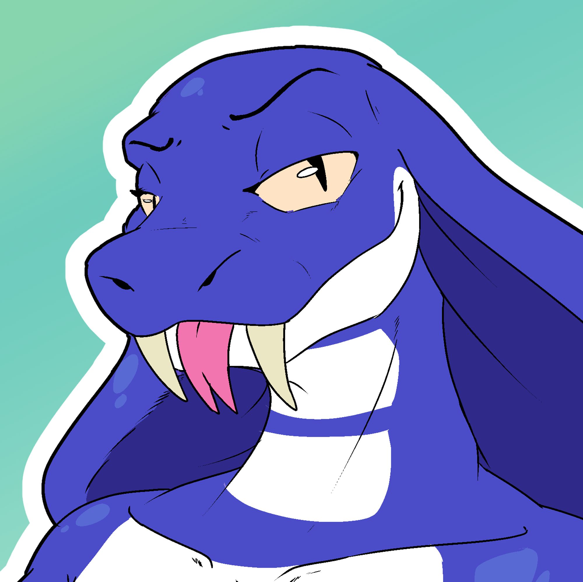 An anthro snake with blue and white scales looking at the viewer with a playful smirk.