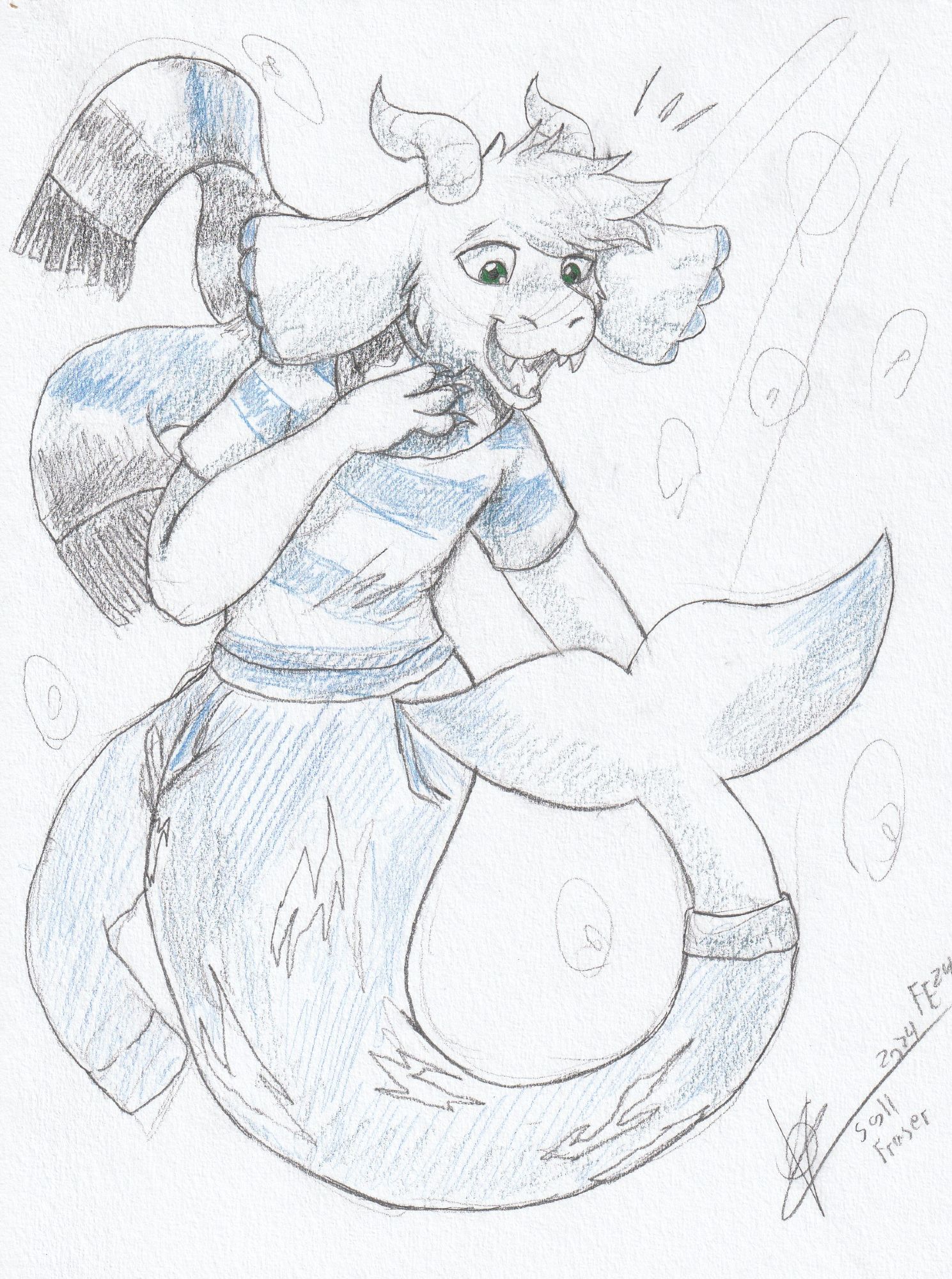 My self-sona Eittan drawn as a mergoat underwater. Admiring his new fin, clearly excited to try it out. Art by Scottderg