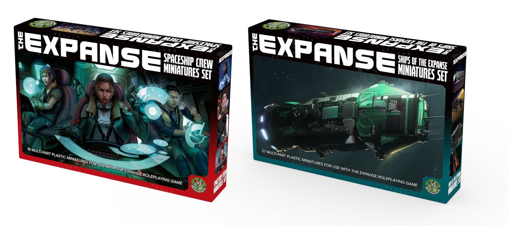 The image shows the boxes for the crew and ship minis, it shows two boxes, one in green and one in red, one for each of the type of miniatures available in the backerkit campaign.