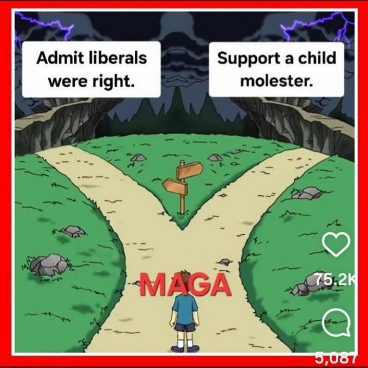 MAGA depicted at a fork in the road and the two choices are “Admit liberals were right” and “Support a child molester”