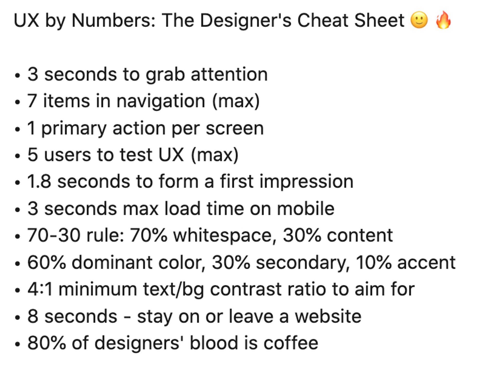 UX by Numbers: The Designer's Cheat Sheet 

• 3 seconds to grab attention
• 7 items in navigation (max)
• 1 primary action per screen
• 5 users to test UX (max)
• 1.8 seconds to form a first impression
• 3 seconds max load time on mobile
• 70-30 rule: 70% whitespace, 30% content
• 60% dominant color, 30% secondary, 10% accent
• 4:1 minimum text/bg contrast ratio to aim for
• 8 seconds - stay on or leave a website
• 80% of designers' blood is coffee