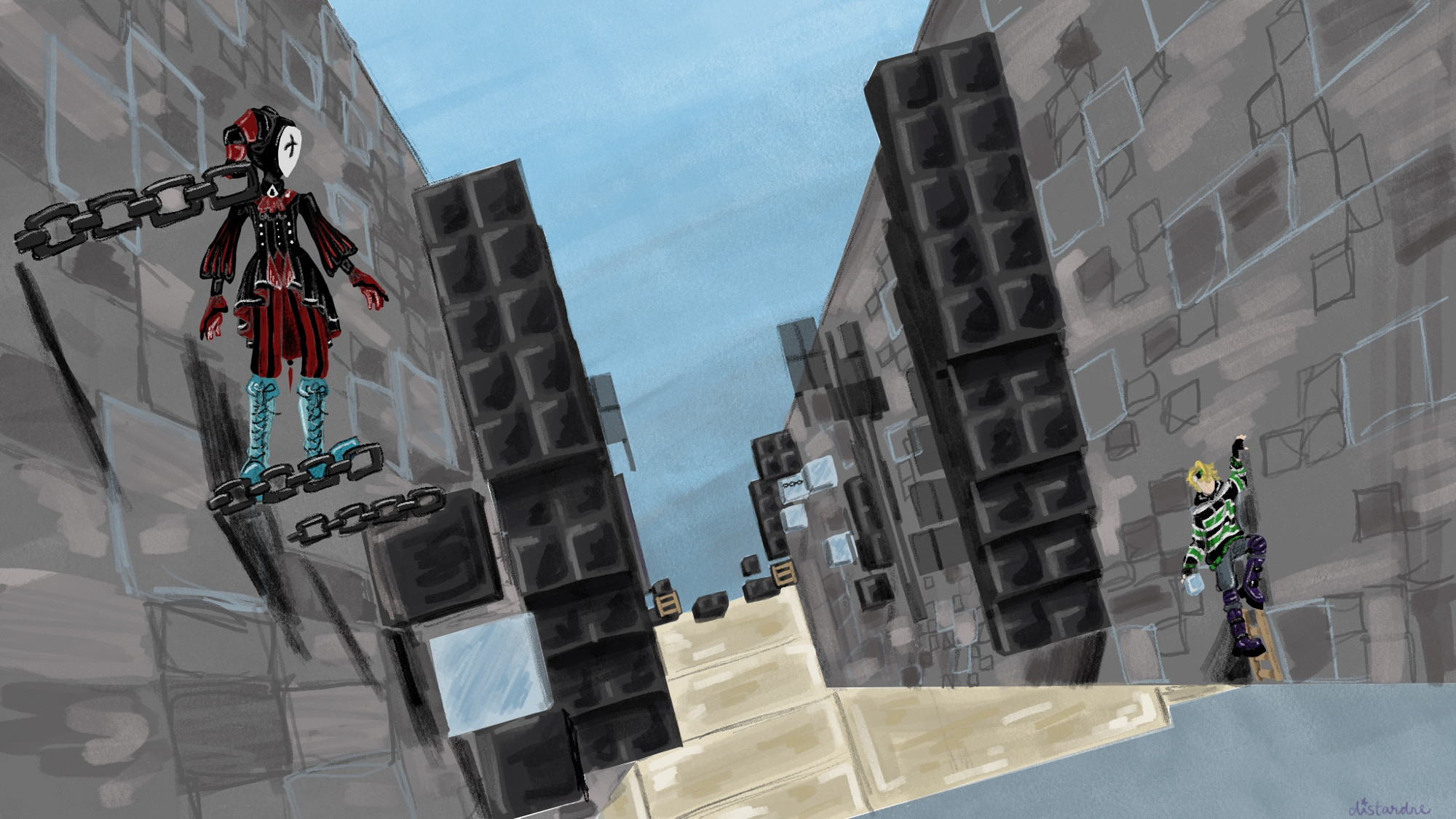 a redraw of the parkour battle between parkour villain (clownpierce) and evbo at the end of season 2 of parkour civilization 