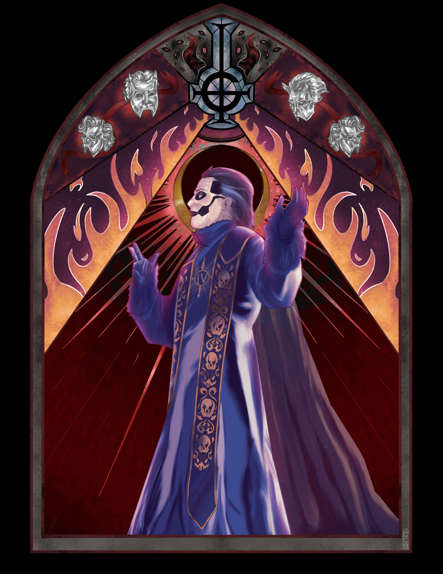 A man in robes with skeletal face paint. The background resembles a stained glass window featuring flames, prequelle ghoul masks, the grucifix and horns with eyes. 