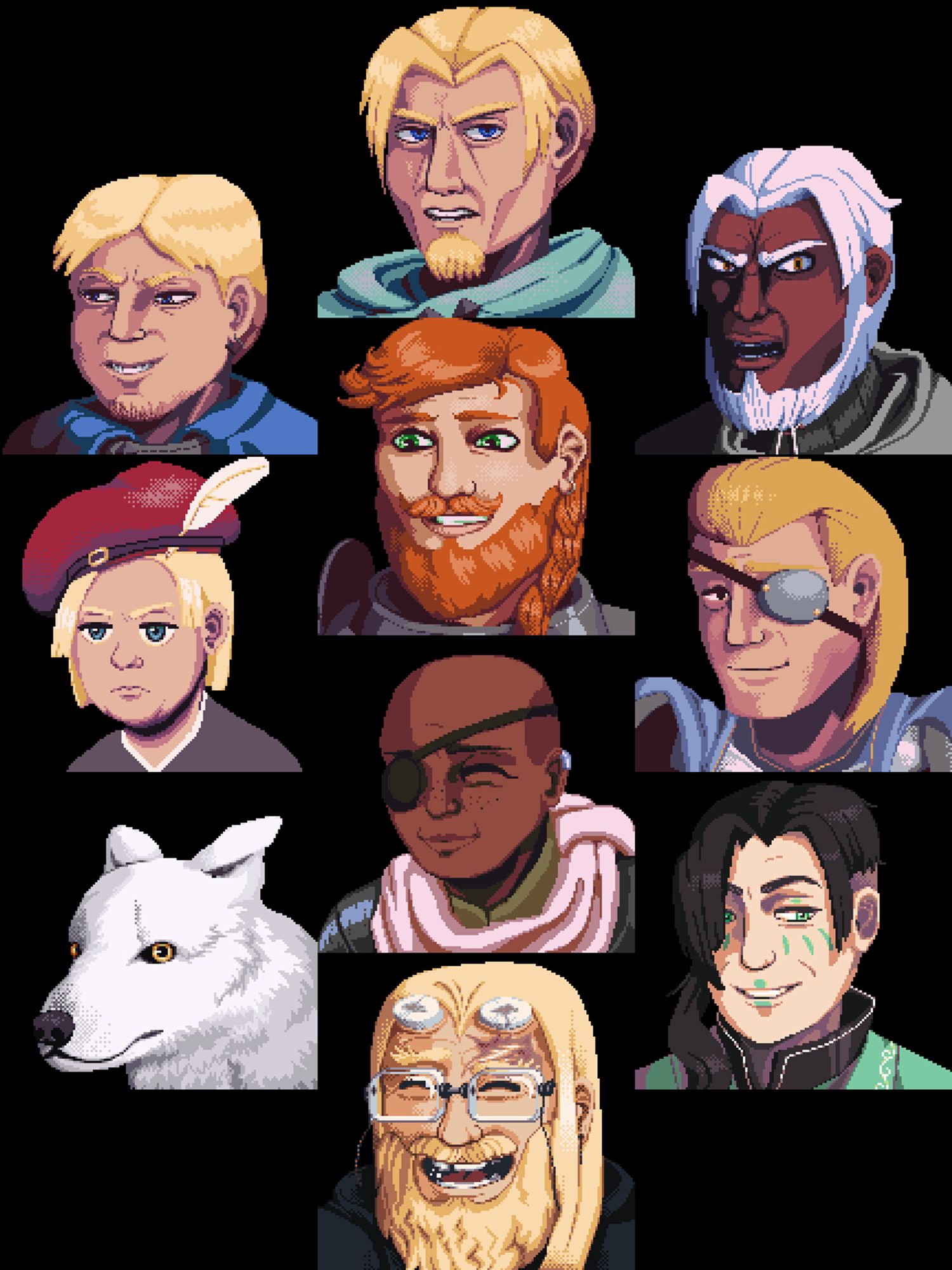 A variety of portraits from the game "The Fable of LeShandra" by emceeprophit. 10 different people with wildly disparate personalities and a variety of expressions are lined up.