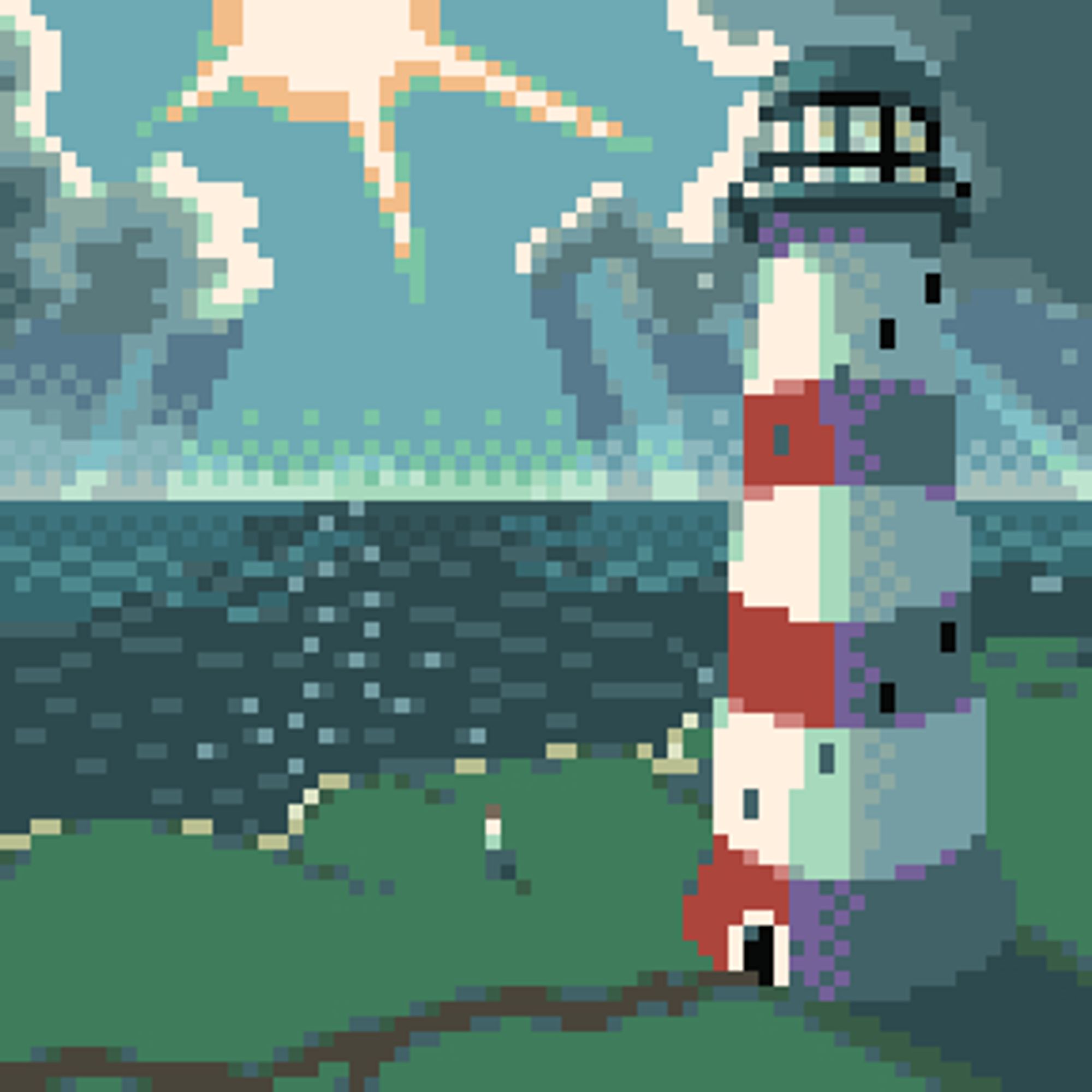 A pixel painting of a cliffside-shore with a dark blue ocean in the distance, and rainclouds parting to show the sun. prominently, in the foreground of the piece, a large lighthouse stands, illuminated on one side by the sunlight.