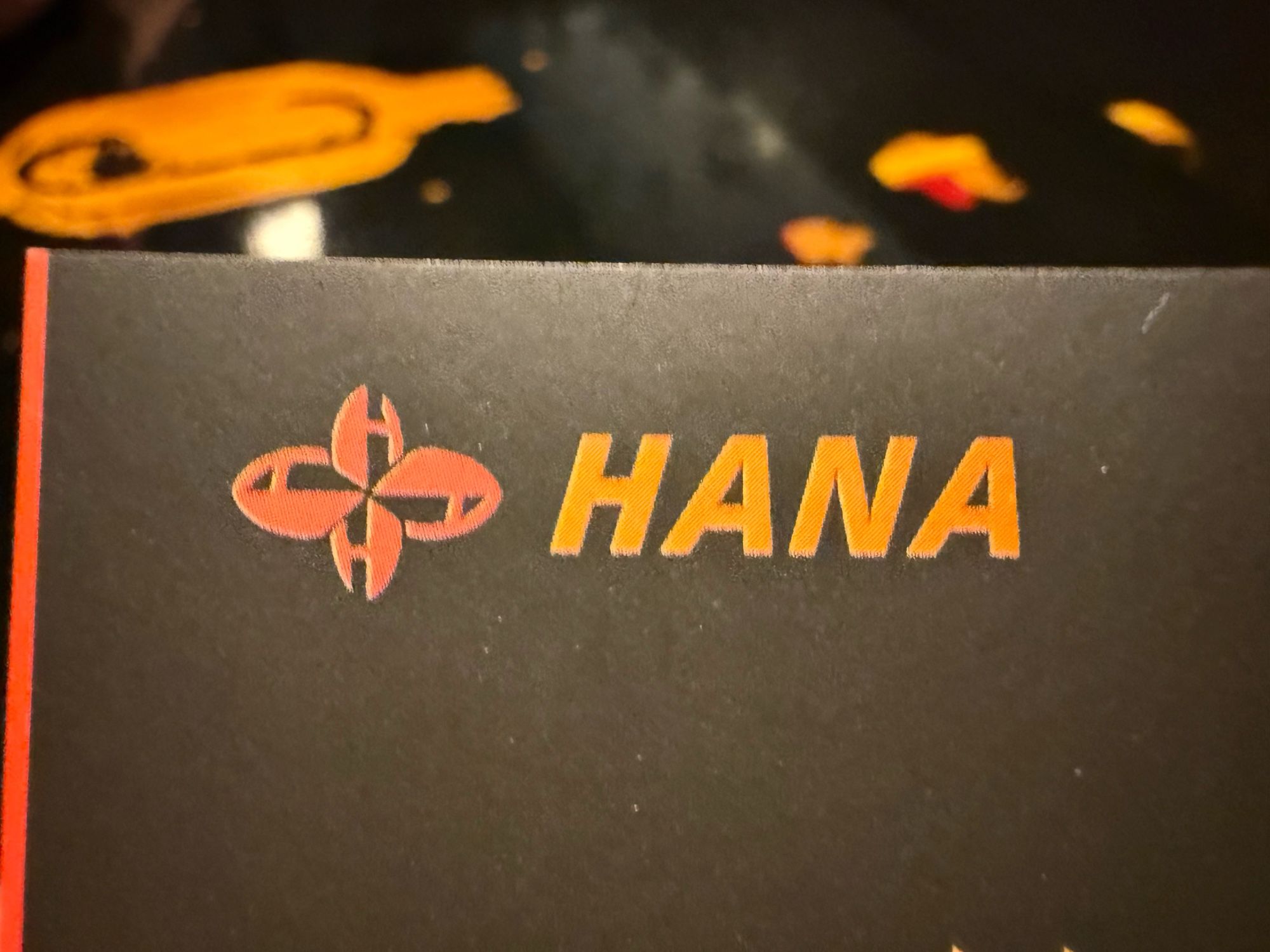 A four-point flower next to the word “Hana”. The flower petals also spell out “Hana”.