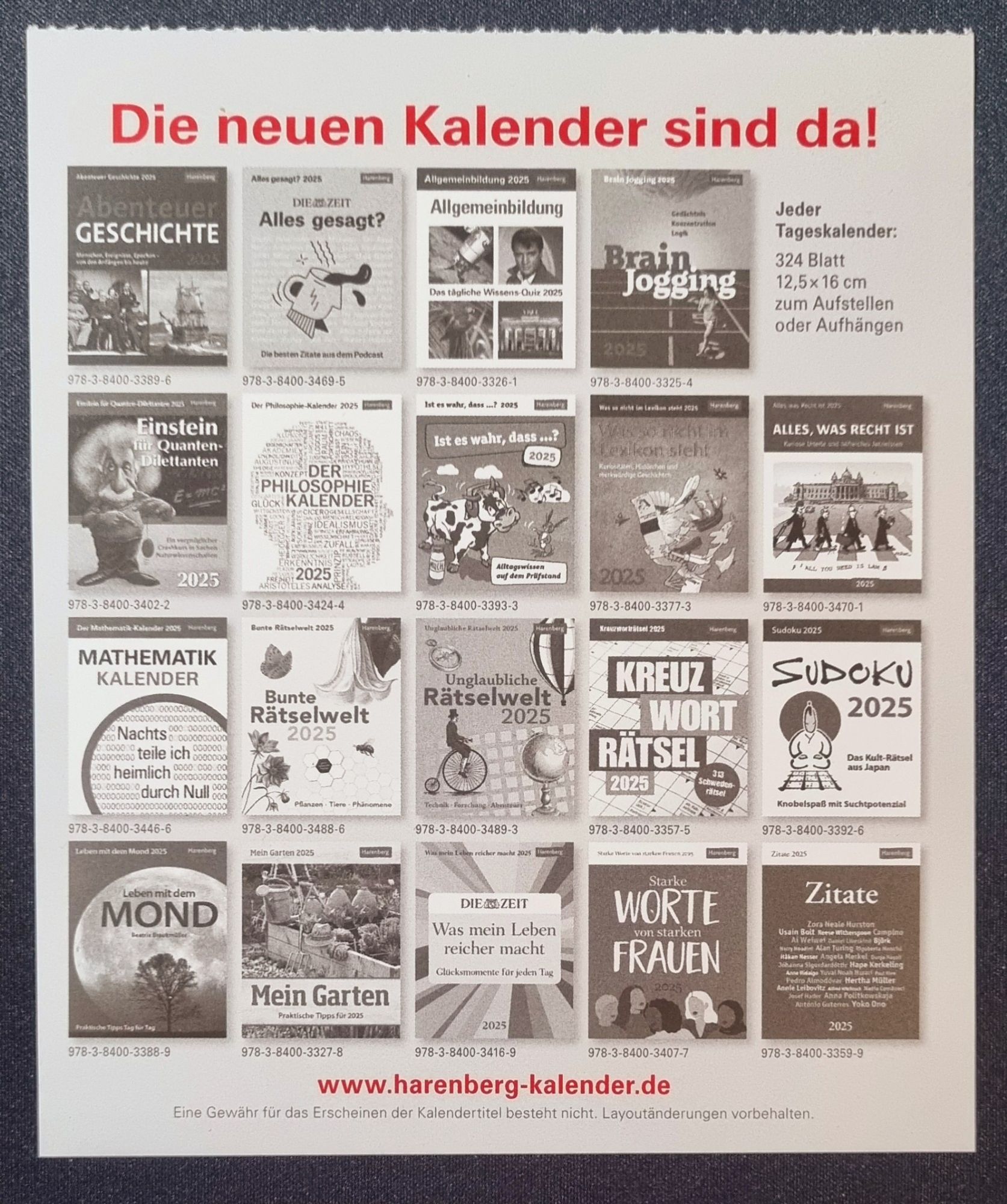 Ein Zwischenblatt meines Kalenders, das besagt, dass die Kalender des nächsten Jahres da sind. 