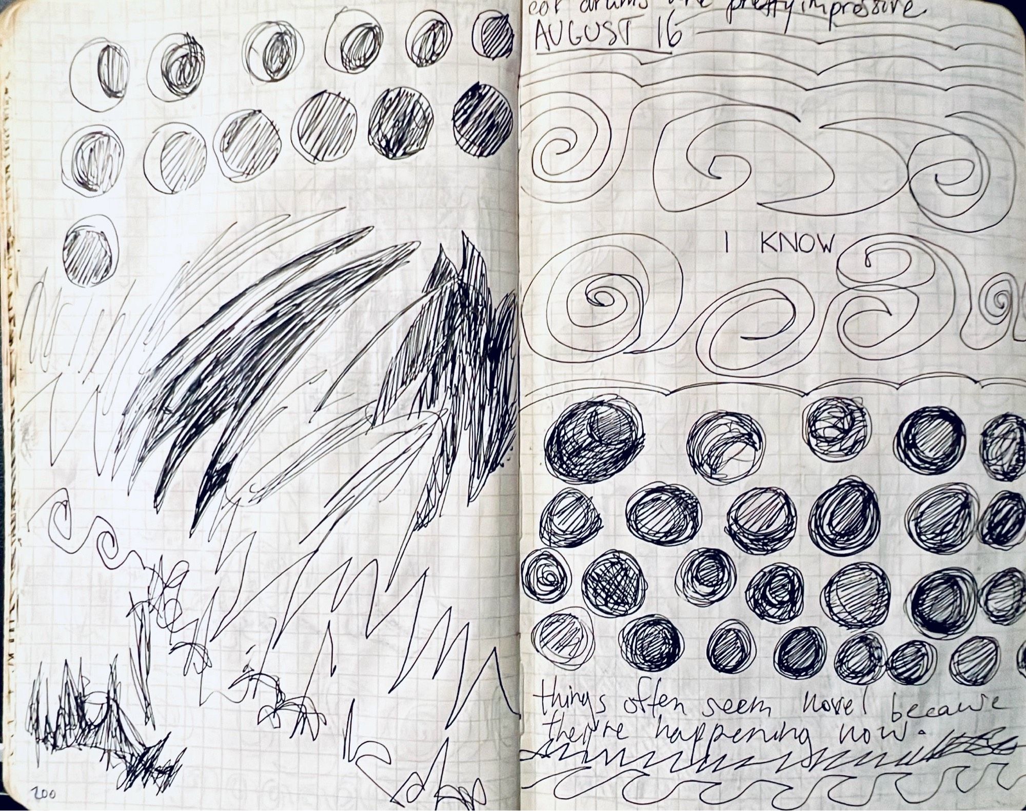 two journal pages:
left; moons, scratched and crabbed markmaking
right: I KNOW, and some ocean patterns and eclipse patterns