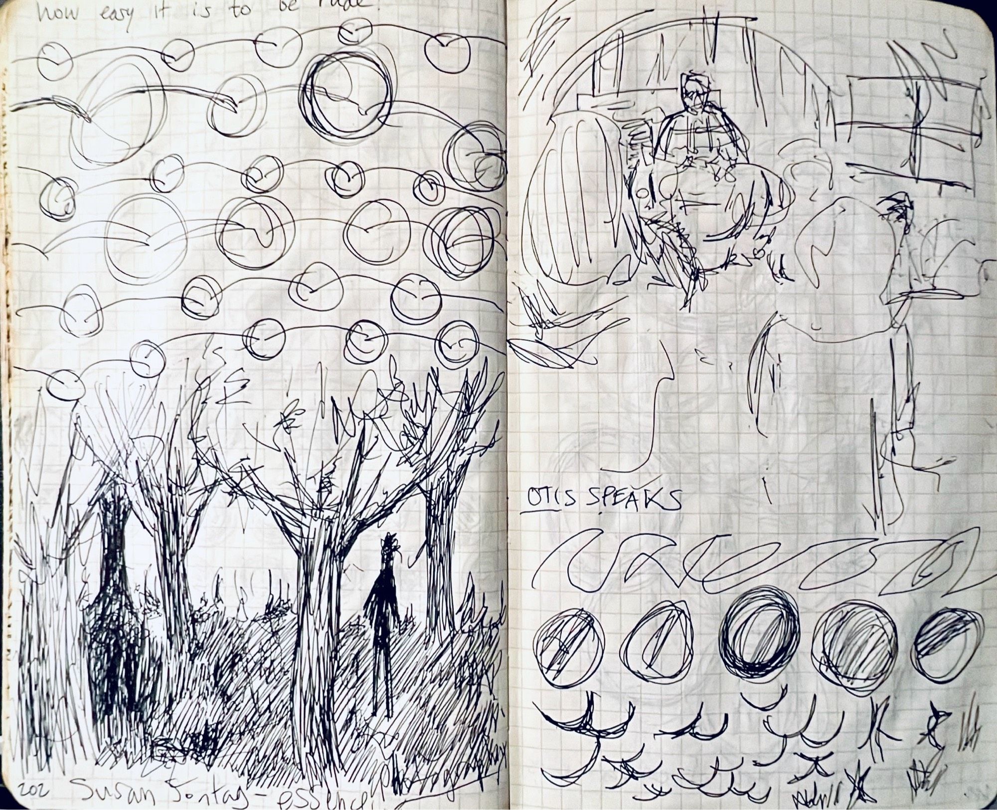 two journal pages
left: perhaps a grove of trees with dark figures
right: gestural figurative drawings, glyphs