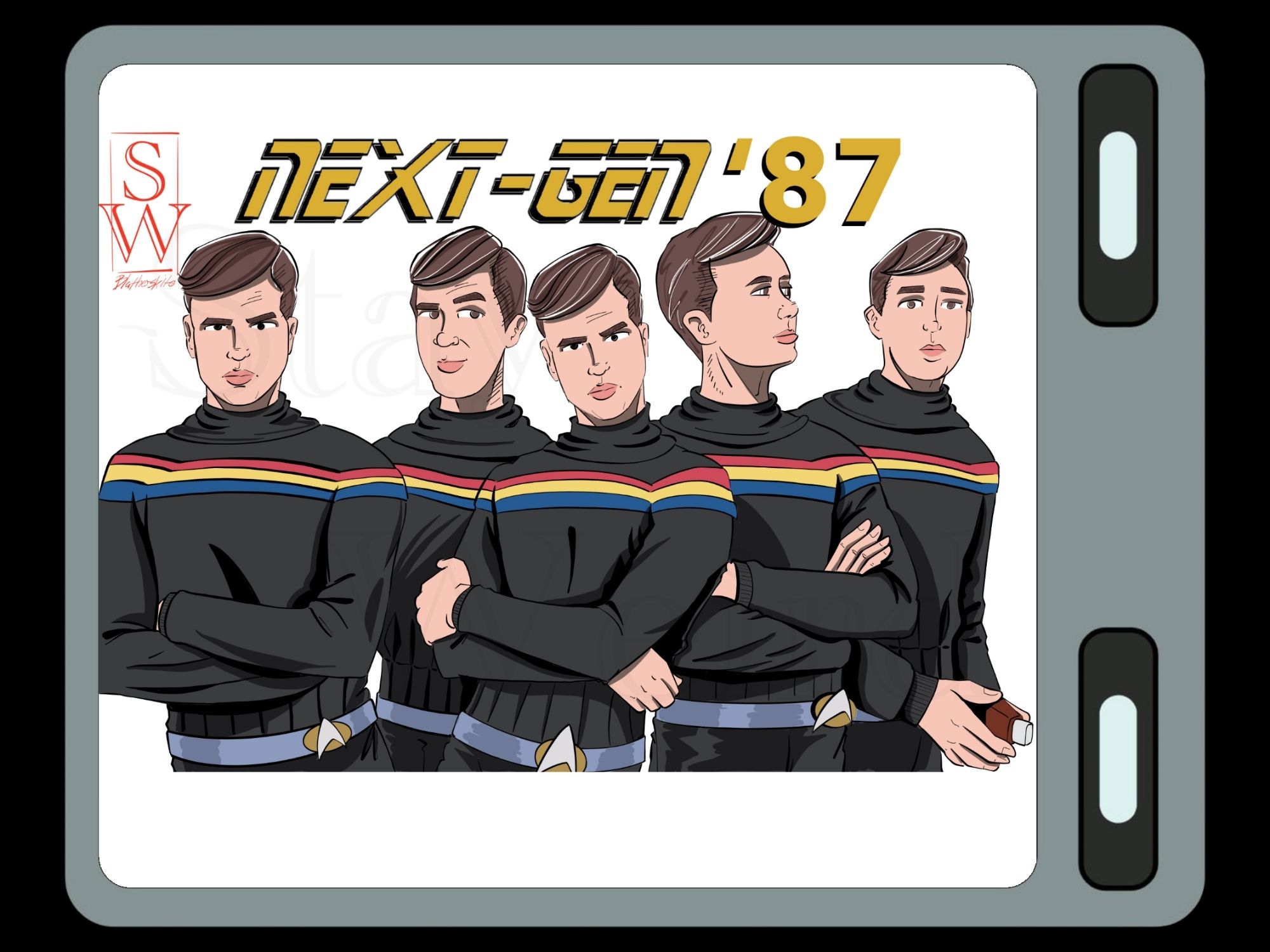 fanart drawing of multiple copies of Wesley Crusher from Star Trek: The Next Generation. This is a fanart parody that mixes him with Multiple-Man of the X-Men. The title reads "Next-Gen '87."