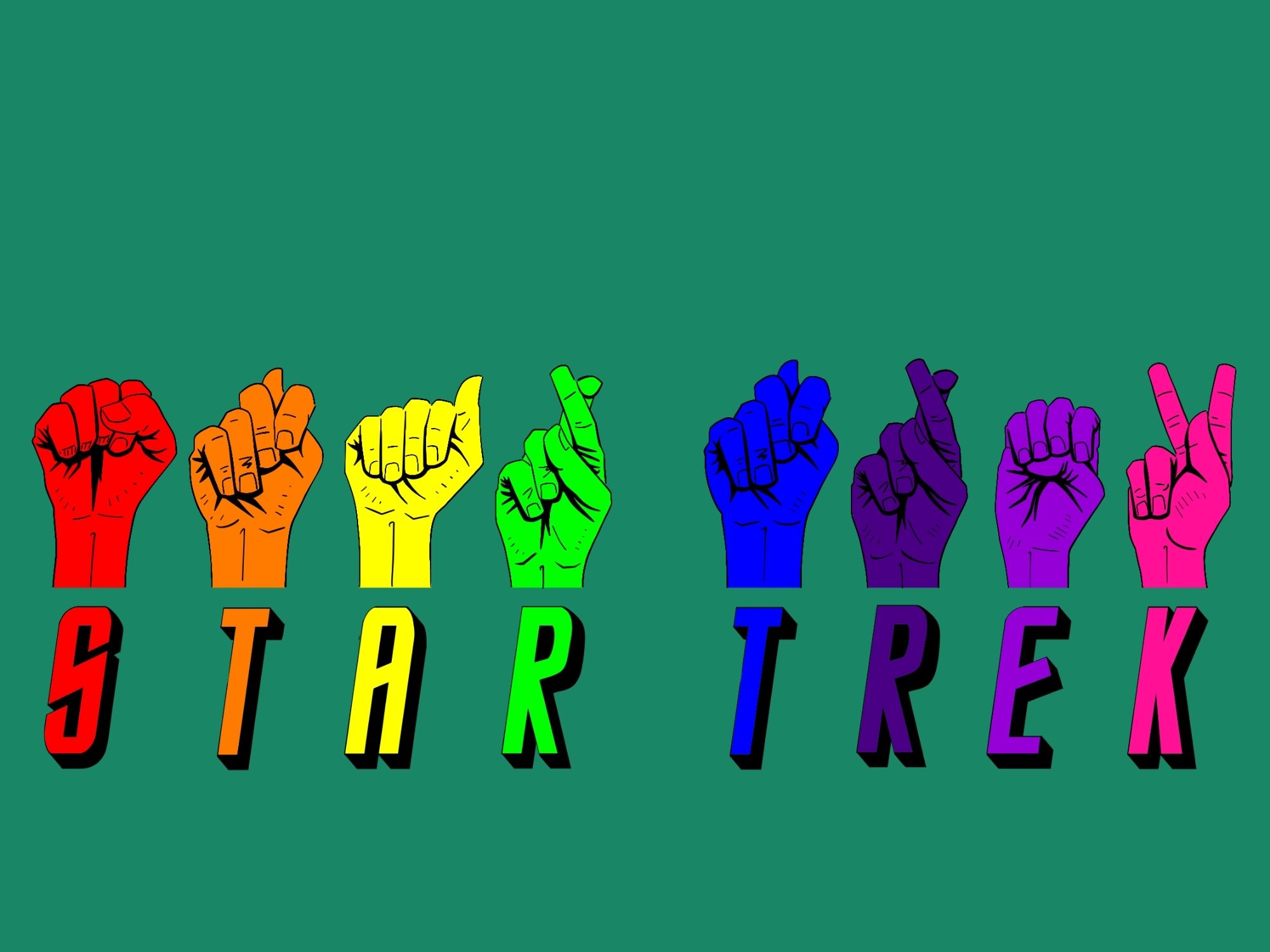 "Star Trek" spelled out using rainbow fonts using American Sign Language. Below is "Star Trek" spelled out in the Star Trek front.