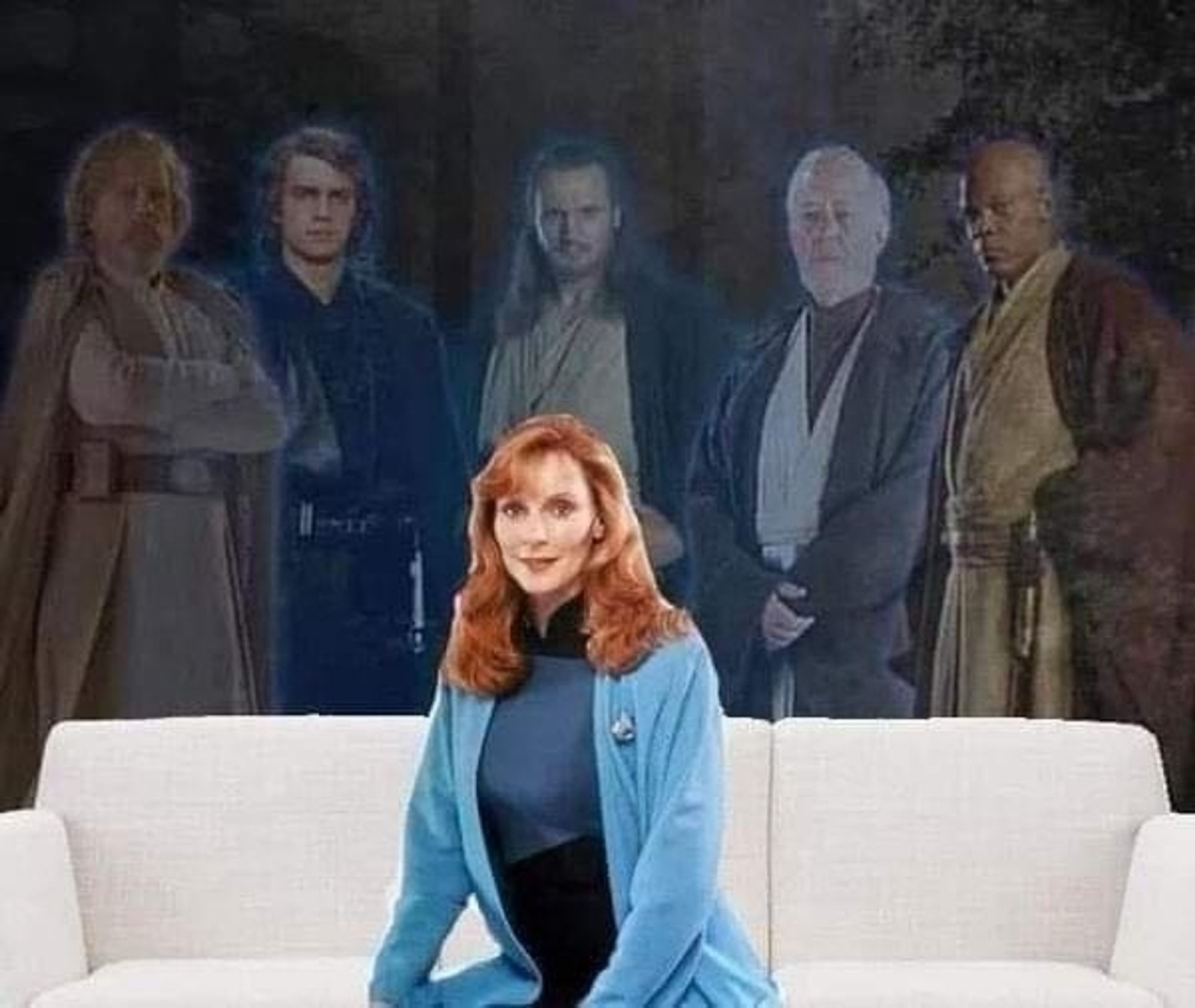 Found on IMGUR.
photoshopped image of Dr Beverly Crusher from Star Trek The Next Generation sitting on a white couch. She's smiling. Behind her are Jedi ghosts: Luke Skywalker, Anikin Skywalker, Qui-Gon Jinn, Obi-Wan Kinobi, and Mace Windu.