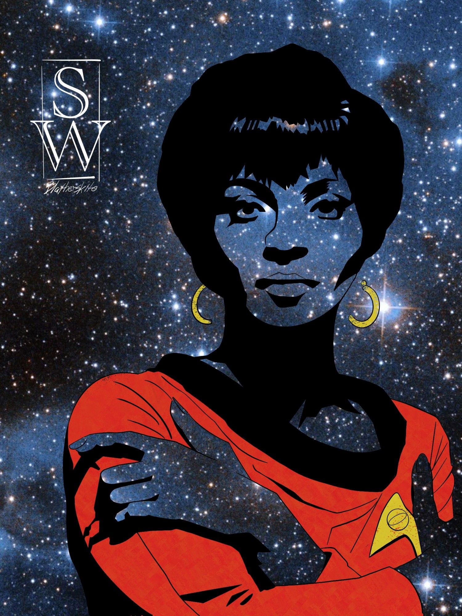 Star Trek fan art illustration of Uhura. She is set in front of a star-filled sky. Only the red and yellow of her uniform, and earrings, and the black outline of her features show.