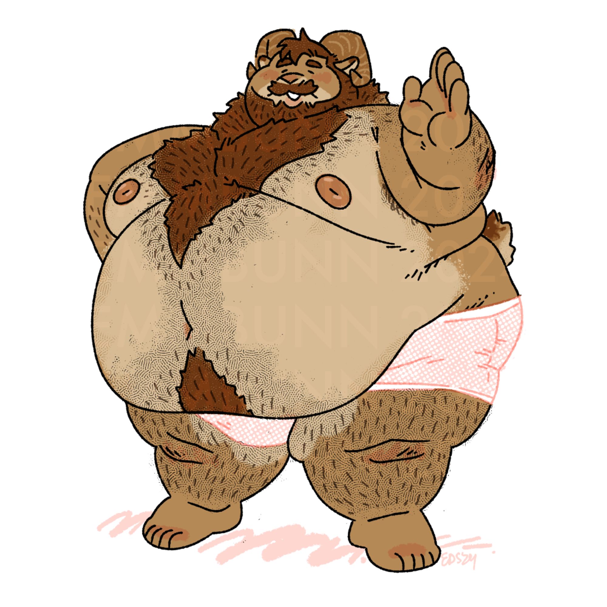 a limited color sketch of a very large ram. belly out, underwear on, fupa fighting for its life; this is one big hairy boy. He stands, one arm folded and set on his hip (behind the belly shelf, where you can't really see it) and the other lifted up in a gentle wave. the rams eyes are closed in the universal emote of "happy to see you, if a little exasperated"