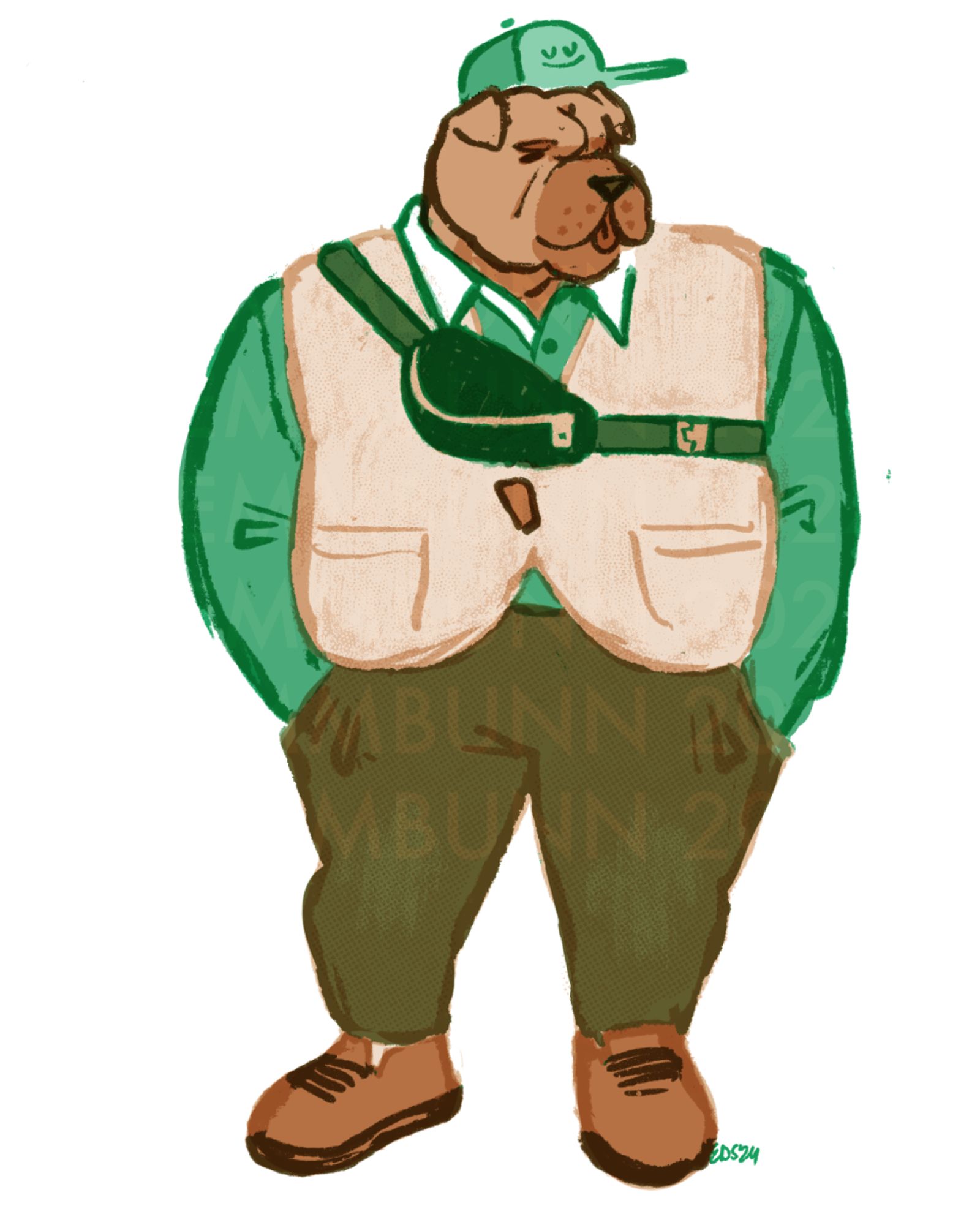 a limited color sketch of a very swag chow chow dog. he's got the drip: a simple, long sleeve green polo with a white collar; a cross body bag; a soft fuzzy vest; chinos; leather work shoes; and a little ball cap with a smiley face. he's looking screen right, as if posing for a look book.