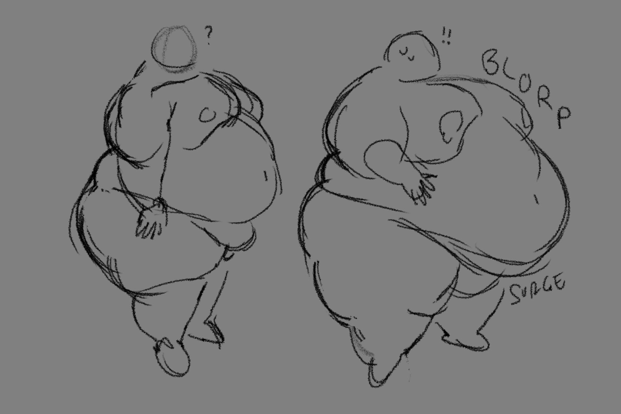 Left: a rough sketch of a fat body, standing, facing screen right. Right: same body, but now considerably, suddenly, much heavier.