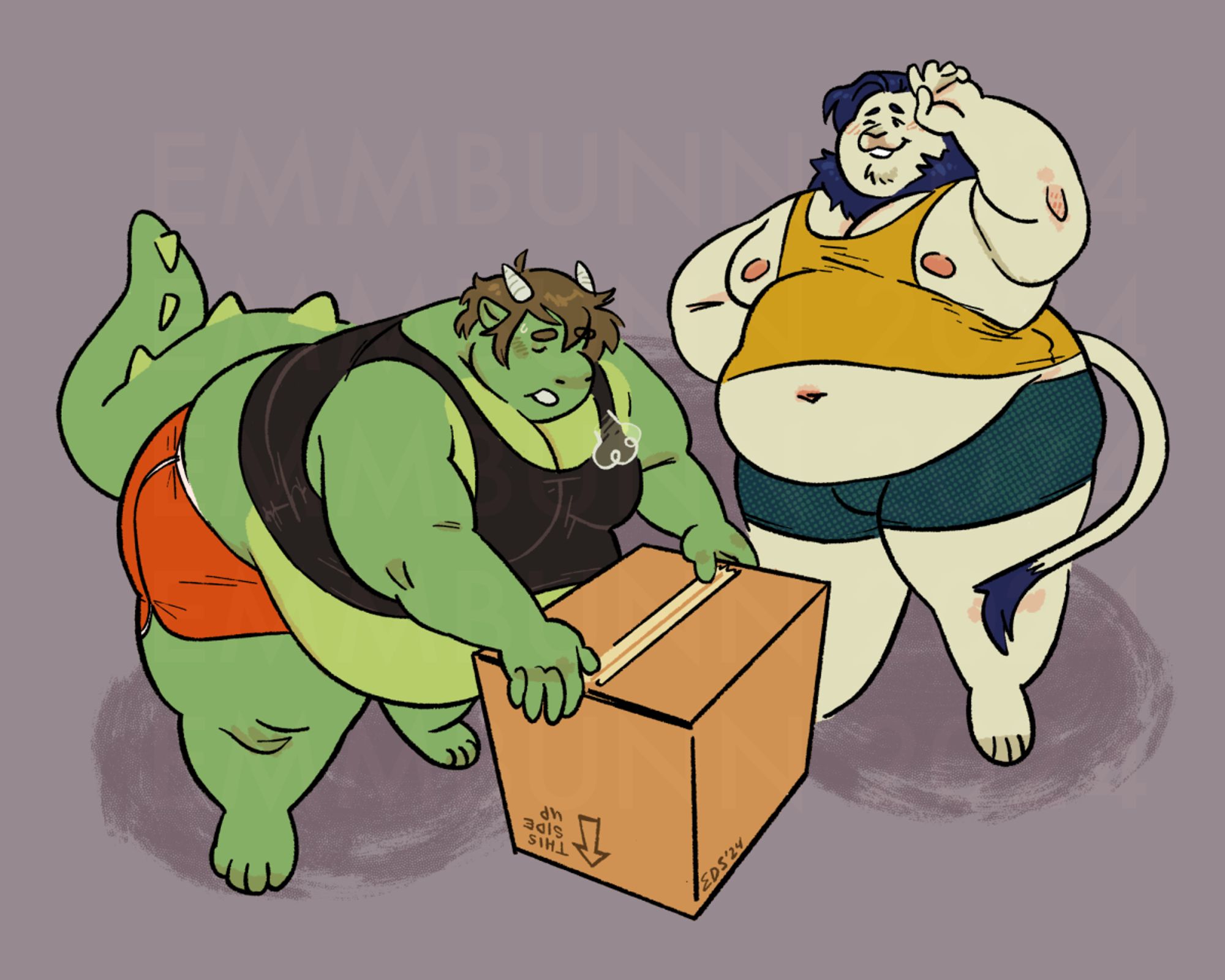 two fat boys stand together in a basic scene around a cardboard box. Screen left: a green dragon with shaggy brown hair. He's wearing little red-orange shorts, and a black tank top that barely covers his belly. He's leaning over, using the box for support as he releases a heavy sigh of relief. Screen right: the dragon's partner, a white lion with a dark blue mane, stands back and wipes sweat from his brow. His yellow tank top almost reaches his navel and does nothing to hold in his heavy chest. His dark teal shorts fit him snugly. It looks as if we just caught them in the middle of moving to a new home together.