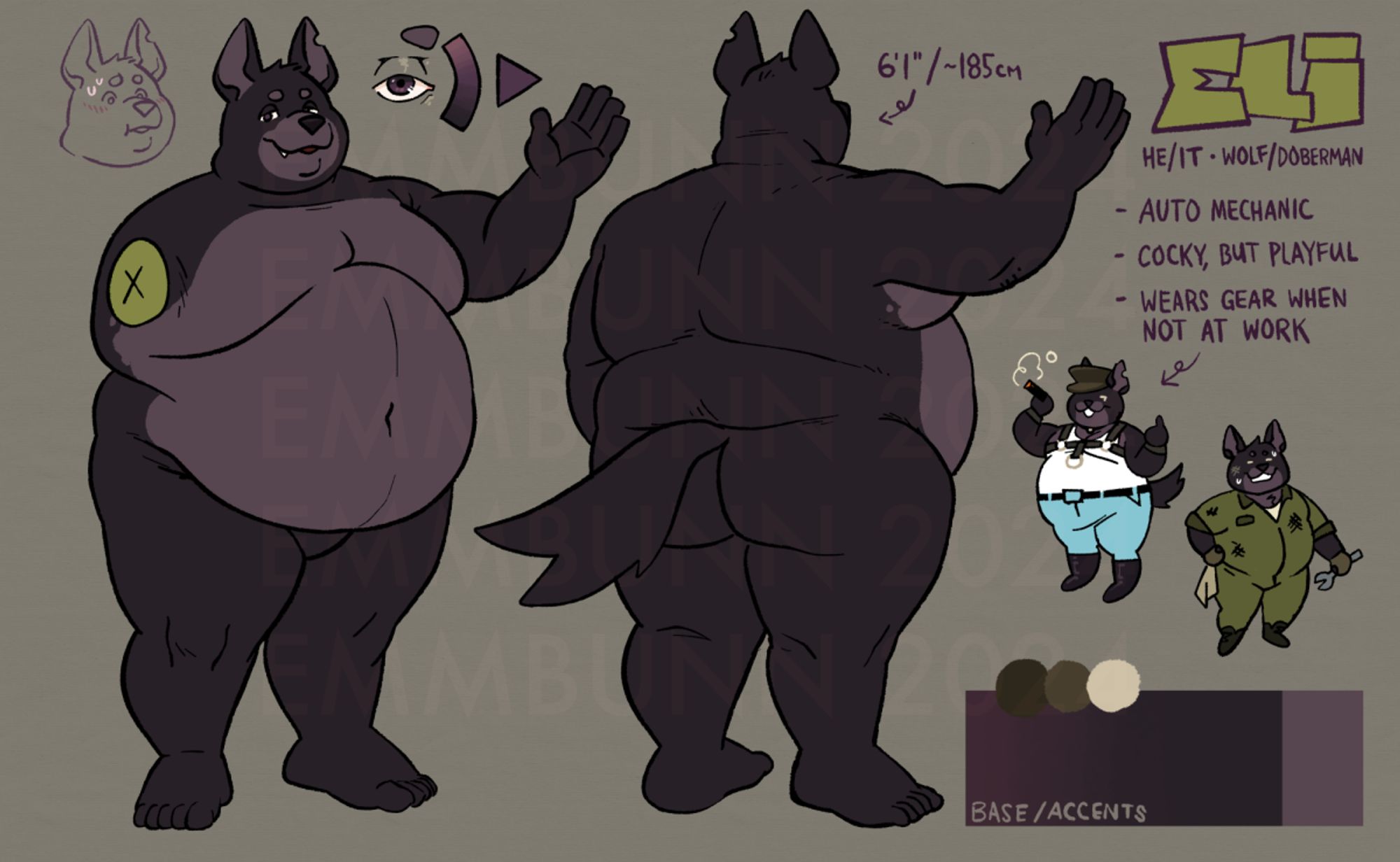 a ref sheet of a large, dark grey wolf-doberman hybrid furry. He's got short, sleek fur, with a lighter belly and muzzle. He's fat, and barrel shaped, with most of it's weight in the torso and belly. its got some small vignettes to one side of the ref sheet, showing a green mechanics work uniform, and a leather daddy fit with blue jeans, white tank top, boots, hat, and cigar.