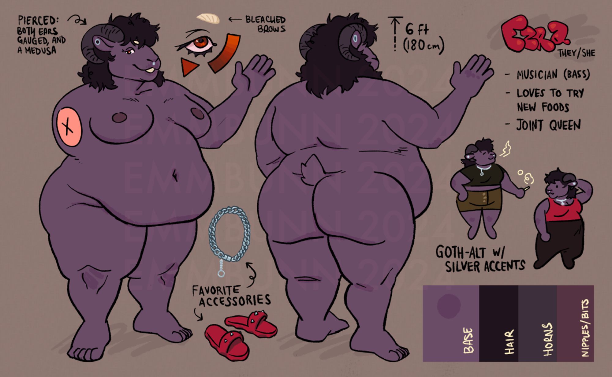 a ref sheet for a purple ram. They have a curly, shaggy, dark mullet, bleached brows, and a few piercings: gauges in both ears and a medusa above their upper lip. they're shown having an alternative goth style.