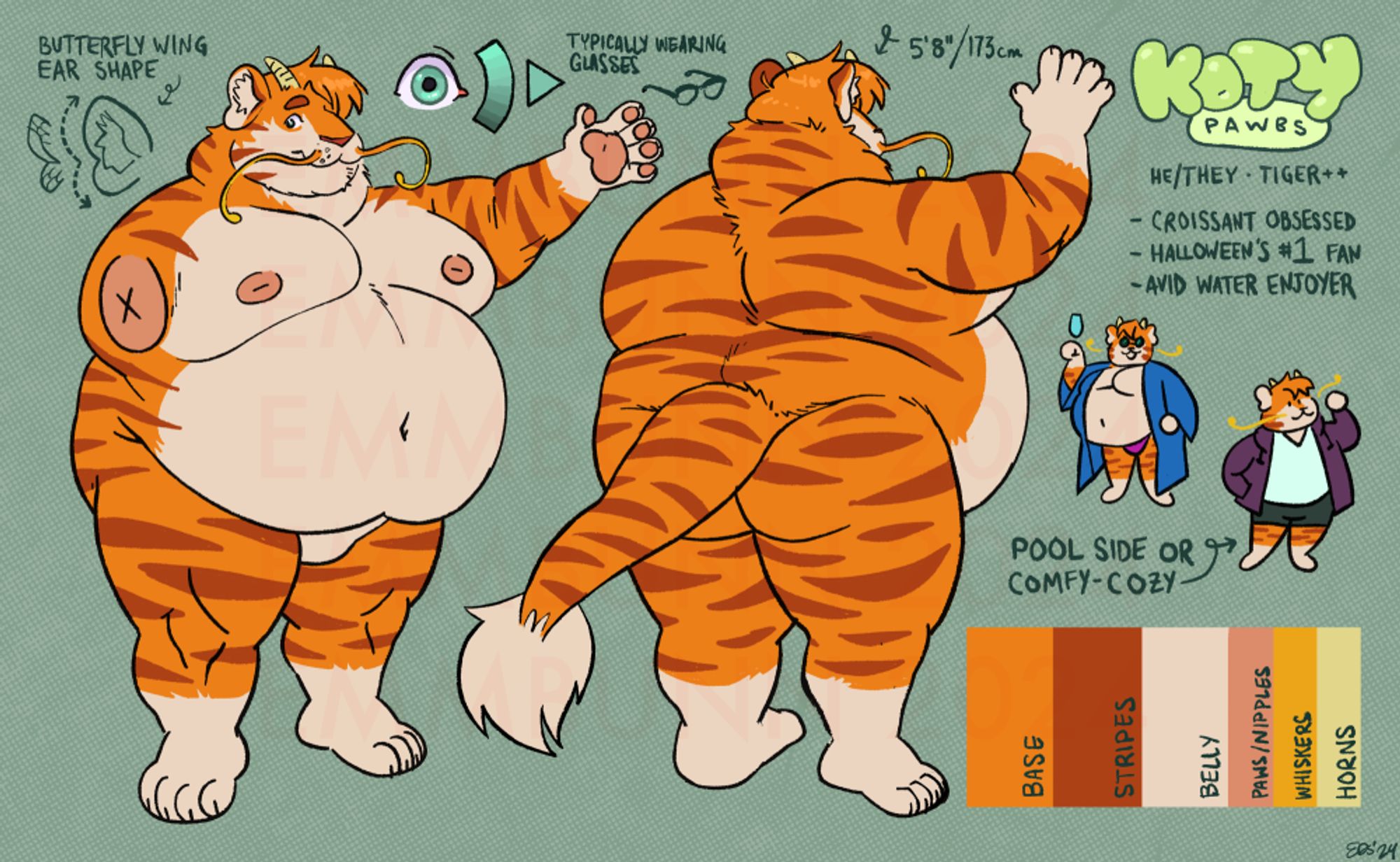 a ref sheet of a fat tiger. Most of their weight is in the belly and chest, stacking their large core on top of a smaller set of hips and legs. they have the long set of whiskers similar to an eastern style noodle dragon, and a large, thick tail with a fluffy poof at the end. Their ears are shaped like butterfly wings. The two outfit doodles show a pool-side caftan style outfit and a cozy homebody look.