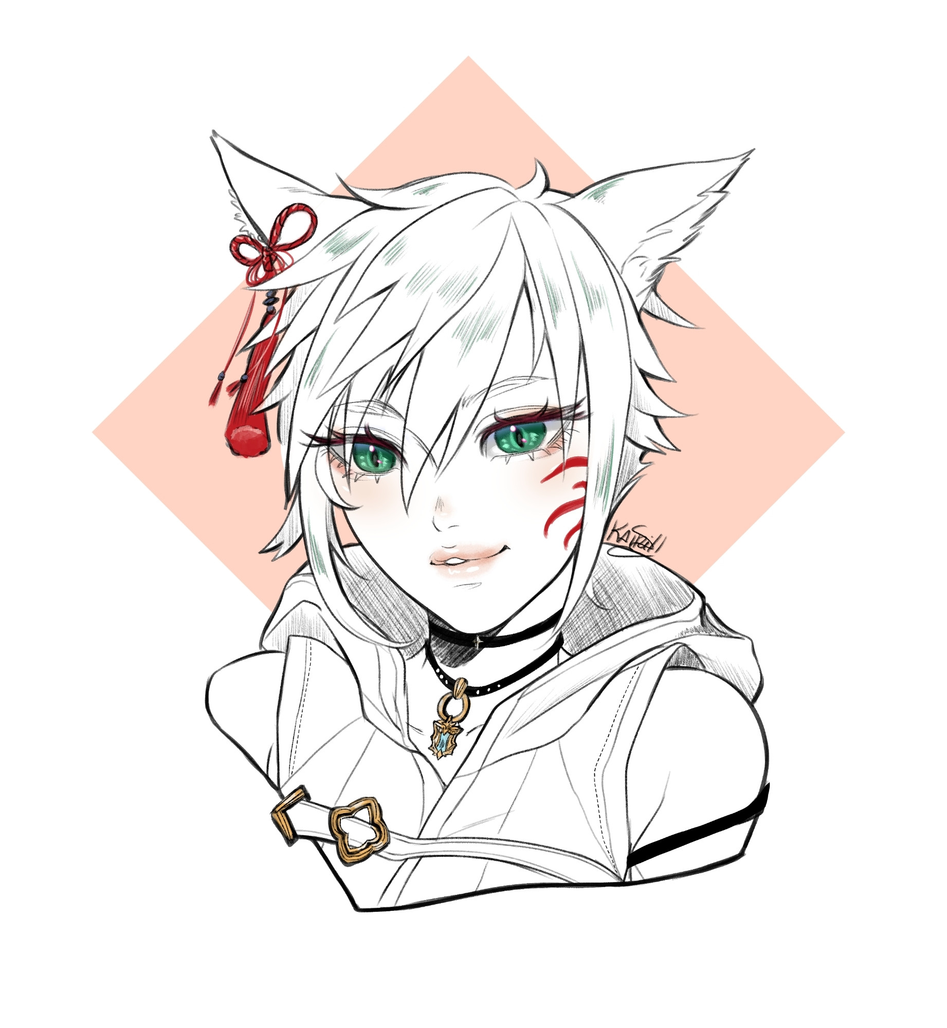 A portrait commission of my Miqo'te character from Final Fantasy XIV, drawn by Kairih. It's mostly monochrome with a few colored highlights.